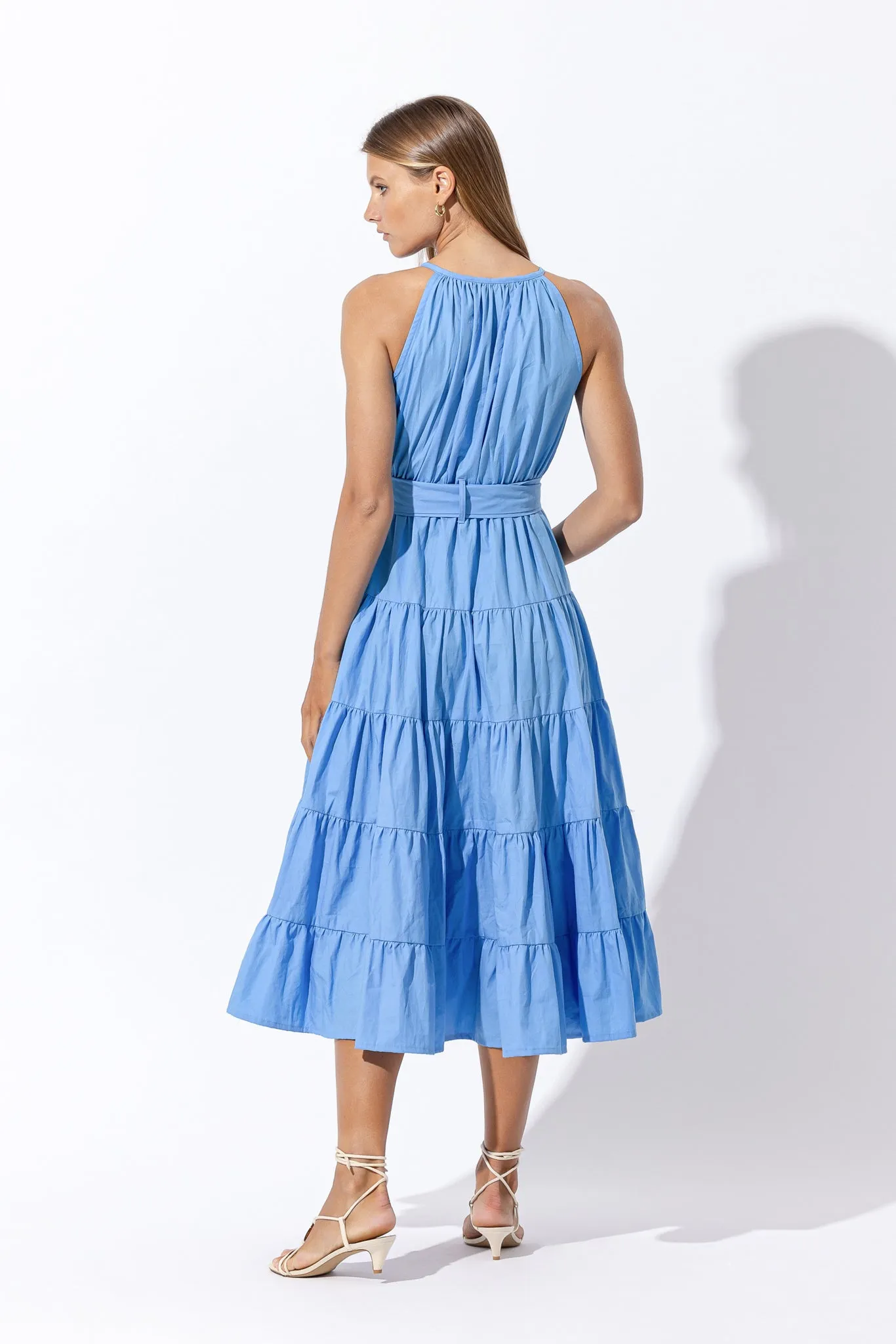 Carmen Belted Poplin Midi Dress - Blue