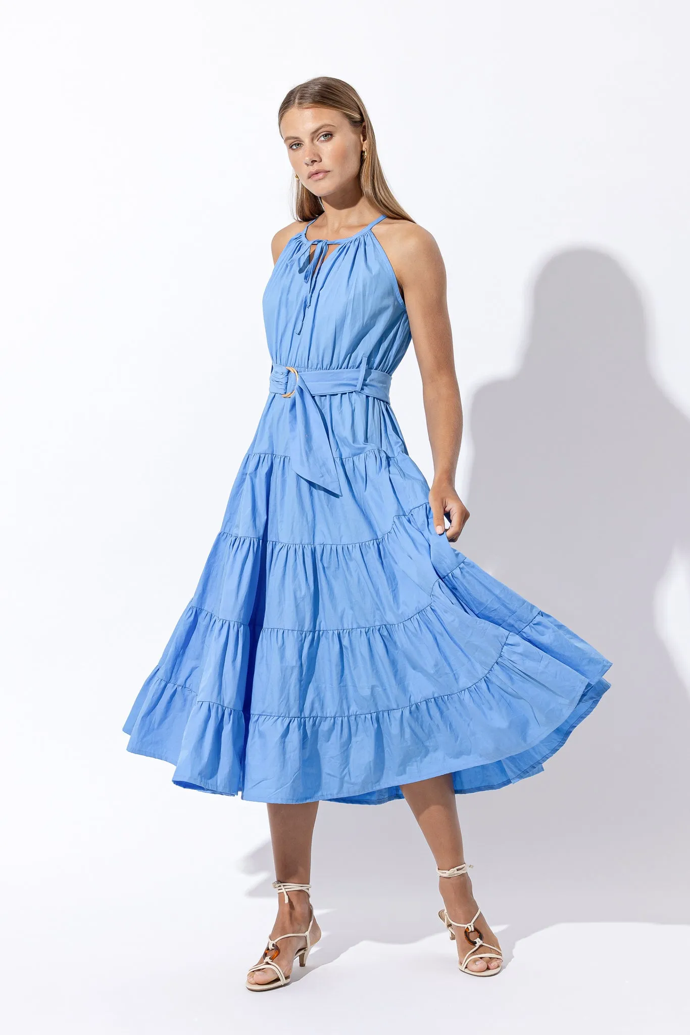 Carmen Belted Poplin Midi Dress - Blue