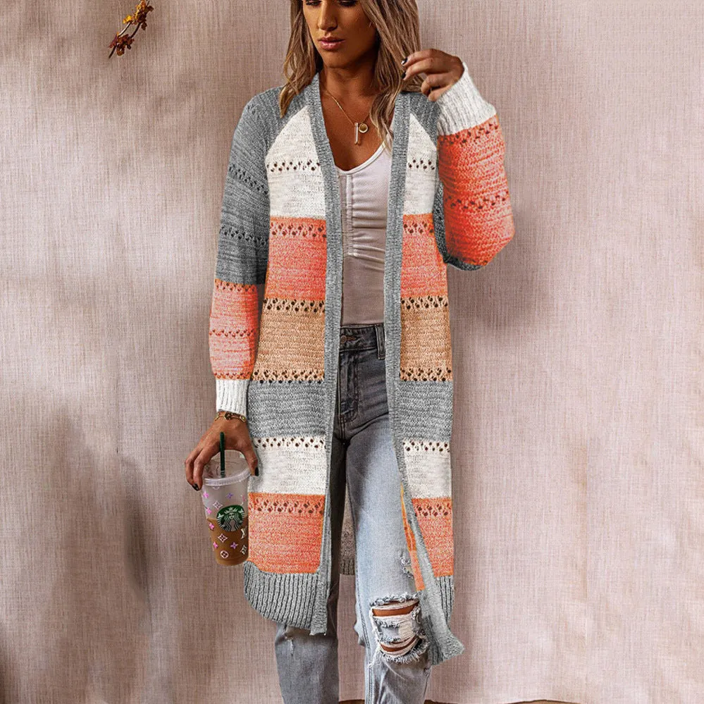 Casual Color Clashing Plaid Patchwork Loose Knit Cardigan Jacket Wholesale Womens Clothing