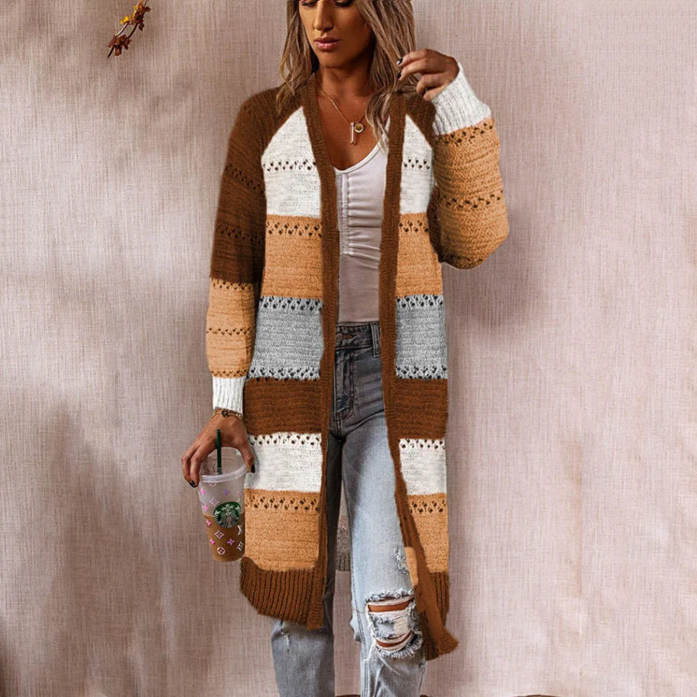 Casual Color Clashing Plaid Patchwork Loose Knit Cardigan Jacket Wholesale Womens Clothing