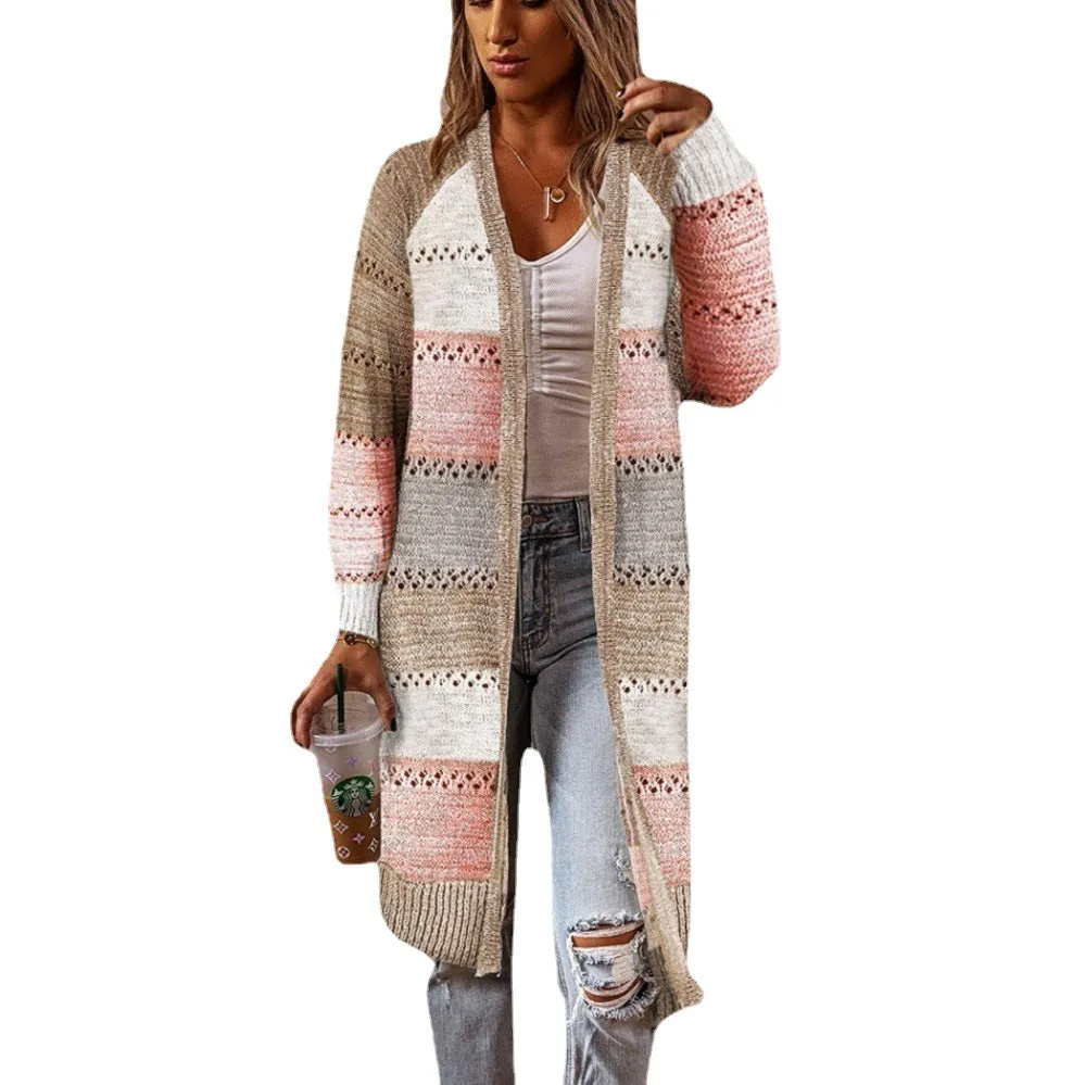 Casual Color Clashing Plaid Patchwork Loose Knit Cardigan Jacket Wholesale Womens Clothing