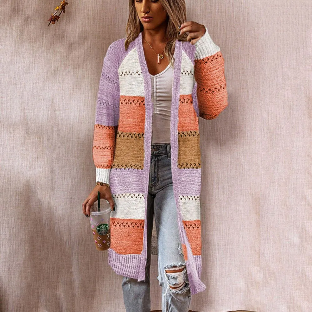 Casual Color Clashing Plaid Patchwork Loose Knit Cardigan Jacket Wholesale Womens Clothing