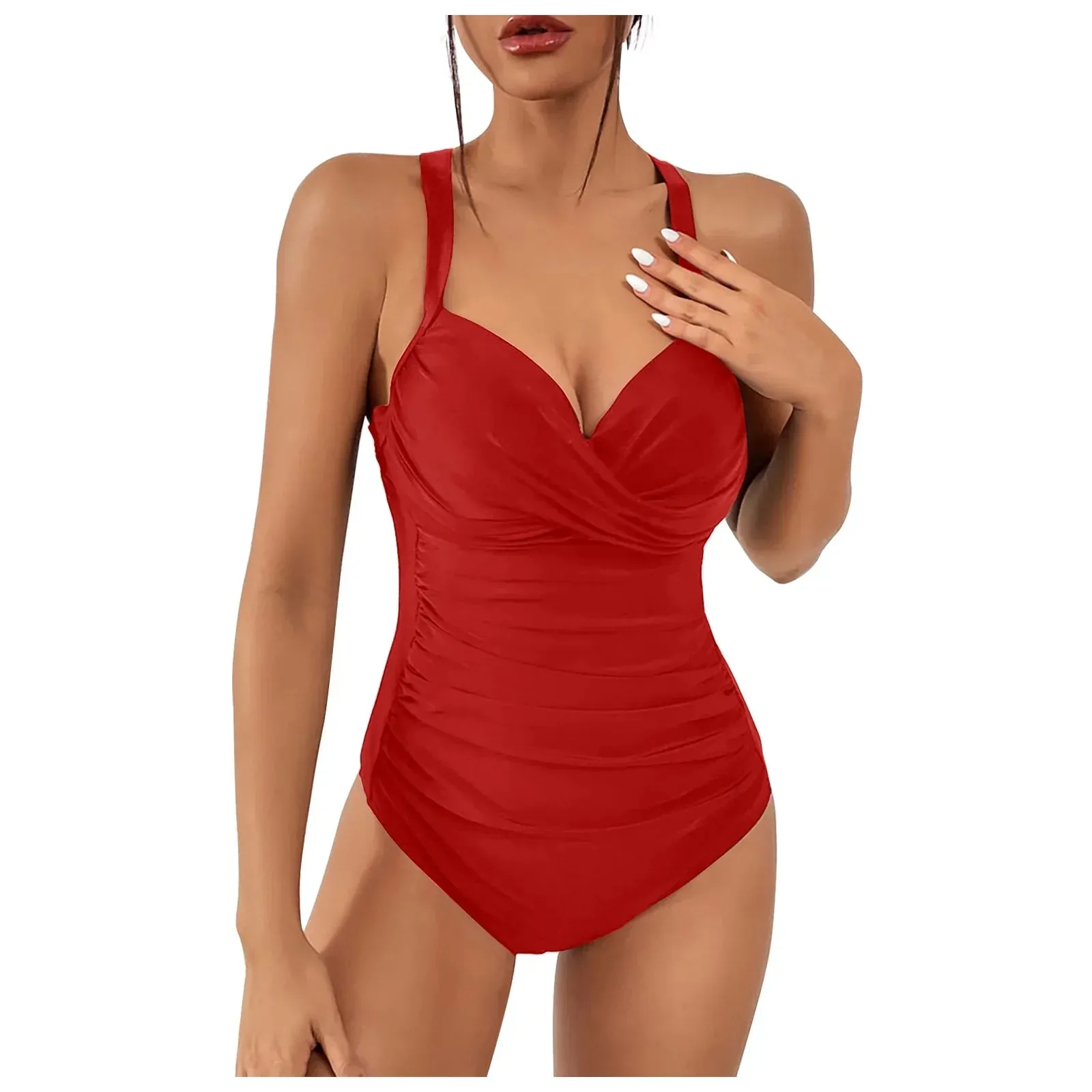 Clearance Summer Beach is Cool For Fashion Casual Women's Fold Conservative One-Pice Bandage Solid Color Sexy Swimsuit,HOT Red