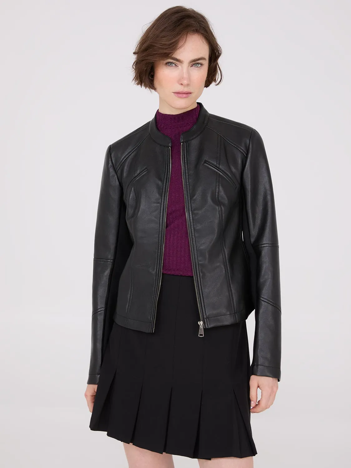 Collarless Faux Leather Jacket