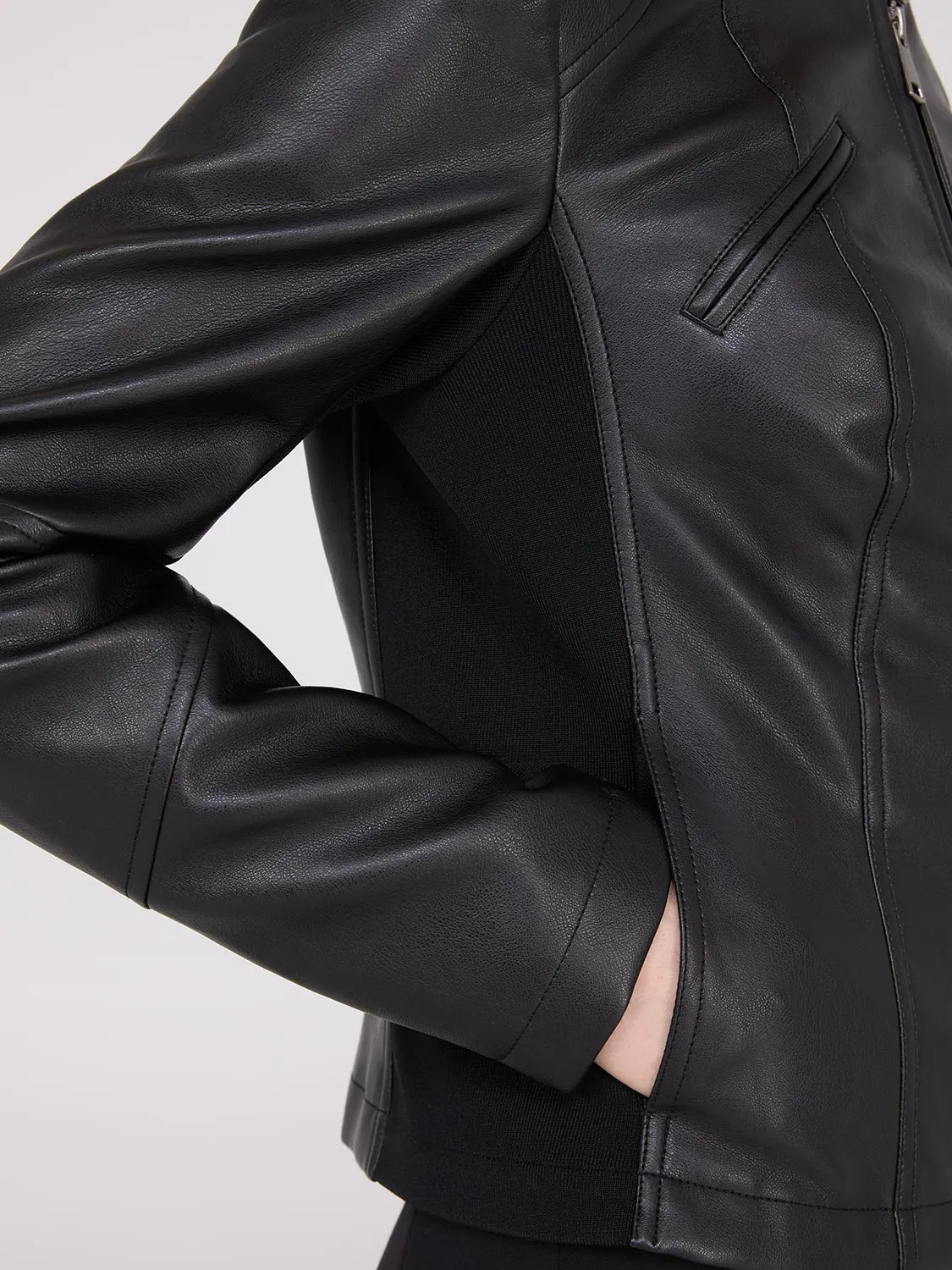 Collarless Faux Leather Jacket