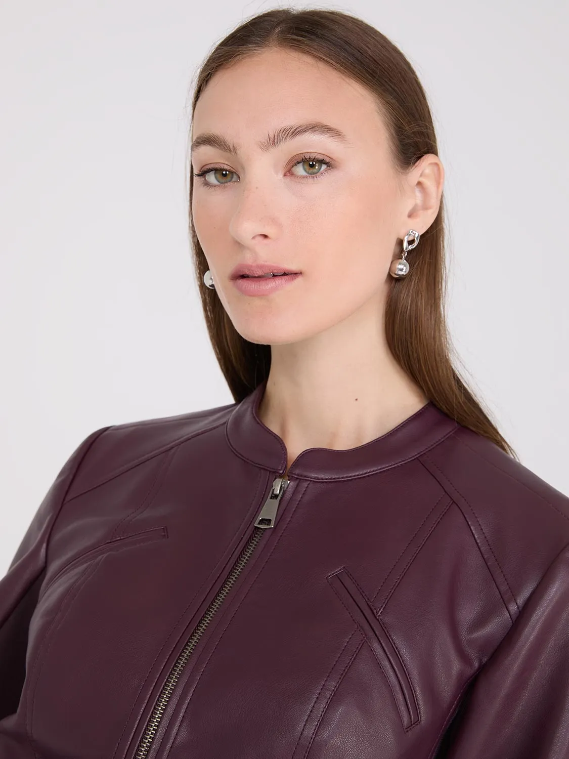 Collarless Faux Leather Jacket