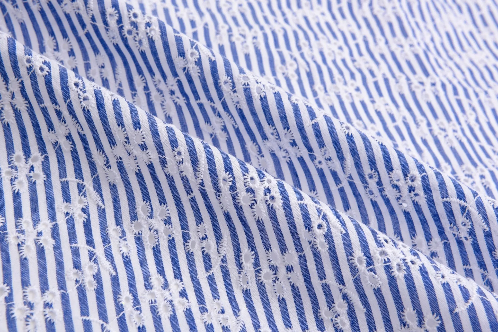 Cotton Blue/White Stripe  Eyelet Embroidery Flower Fabric - G11156/021