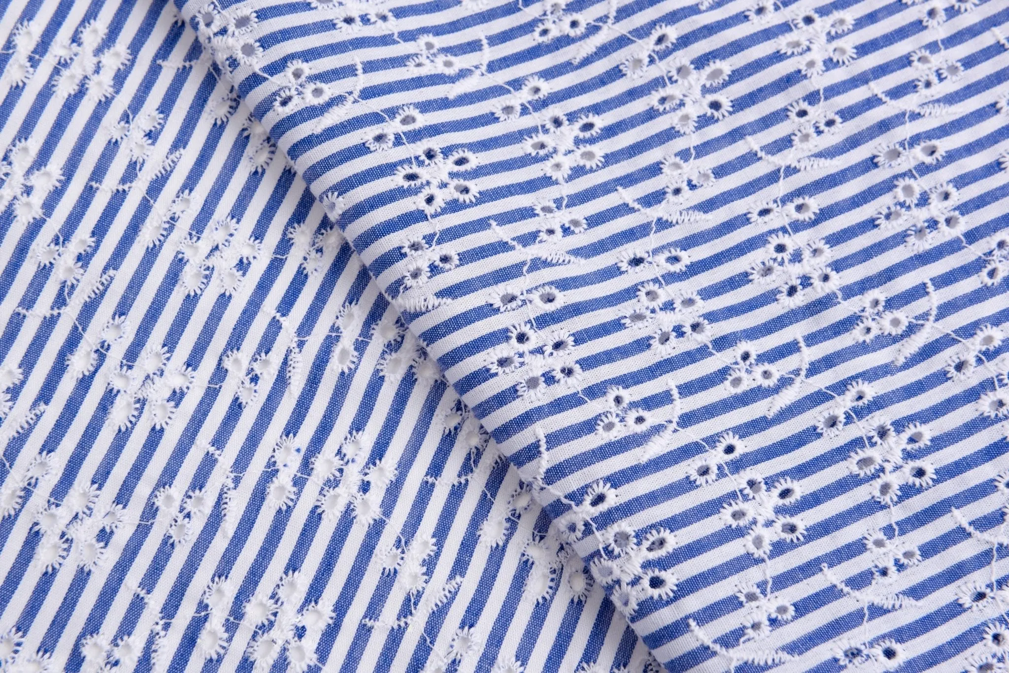 Cotton Blue/White Stripe  Eyelet Embroidery Flower Fabric - G11156/021