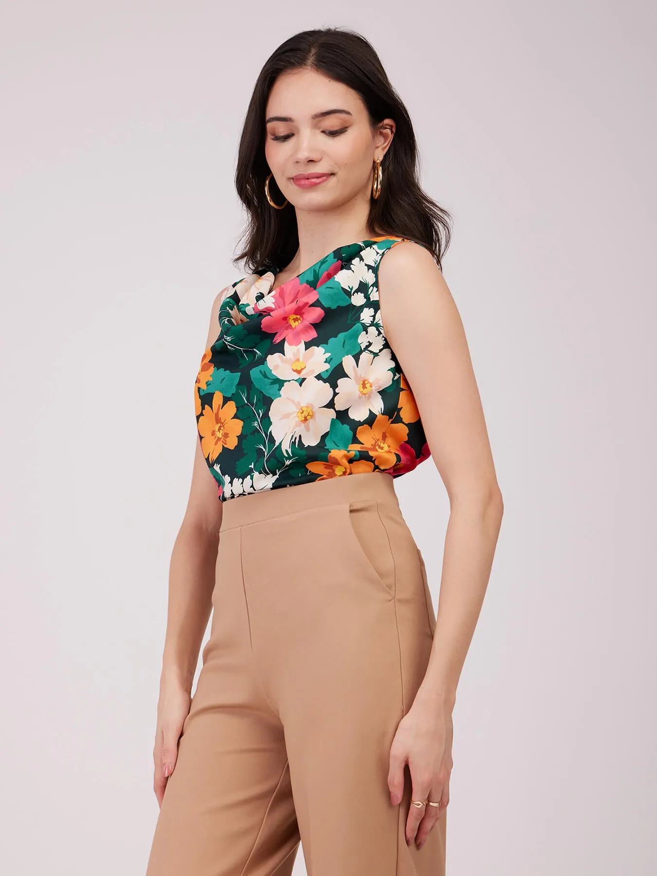 Cowl Neck Floral Top - Multicolour