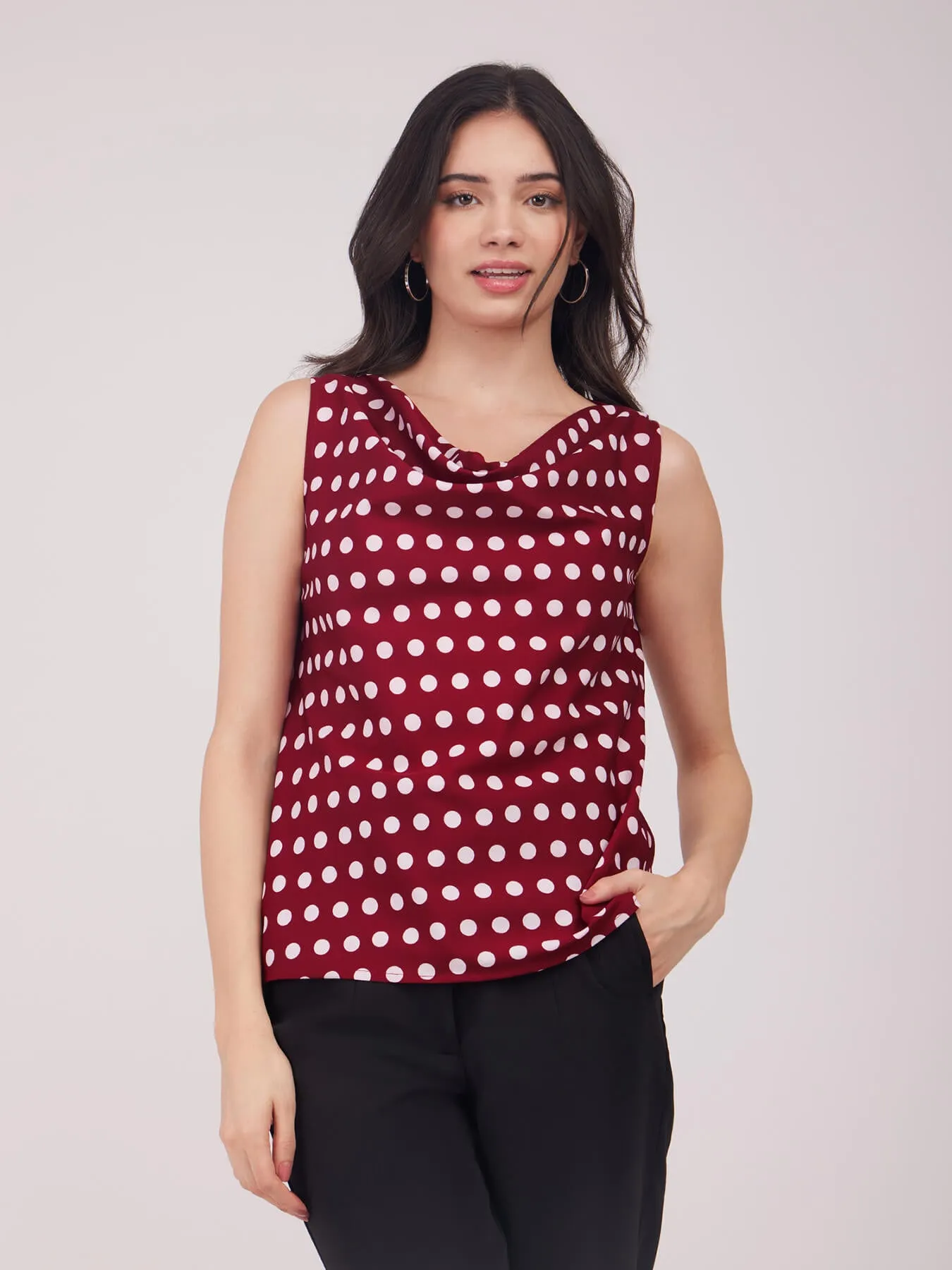 Cowl Neck Polka Top - Maroon