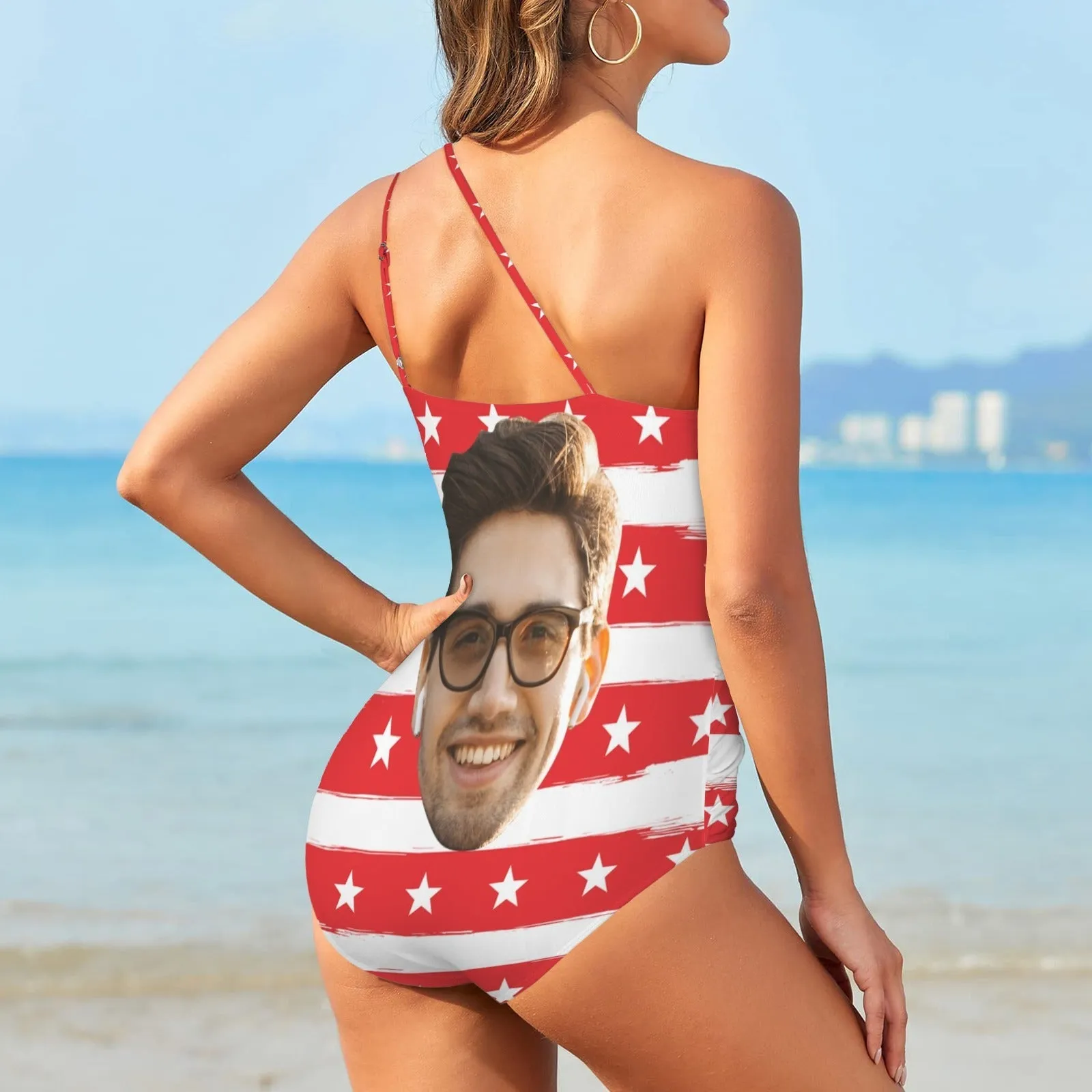 Custom Big Face USA Flag Style Women's One Shoulder Keyhole One Piece Swimsuit Custom Picture Bathing Suit