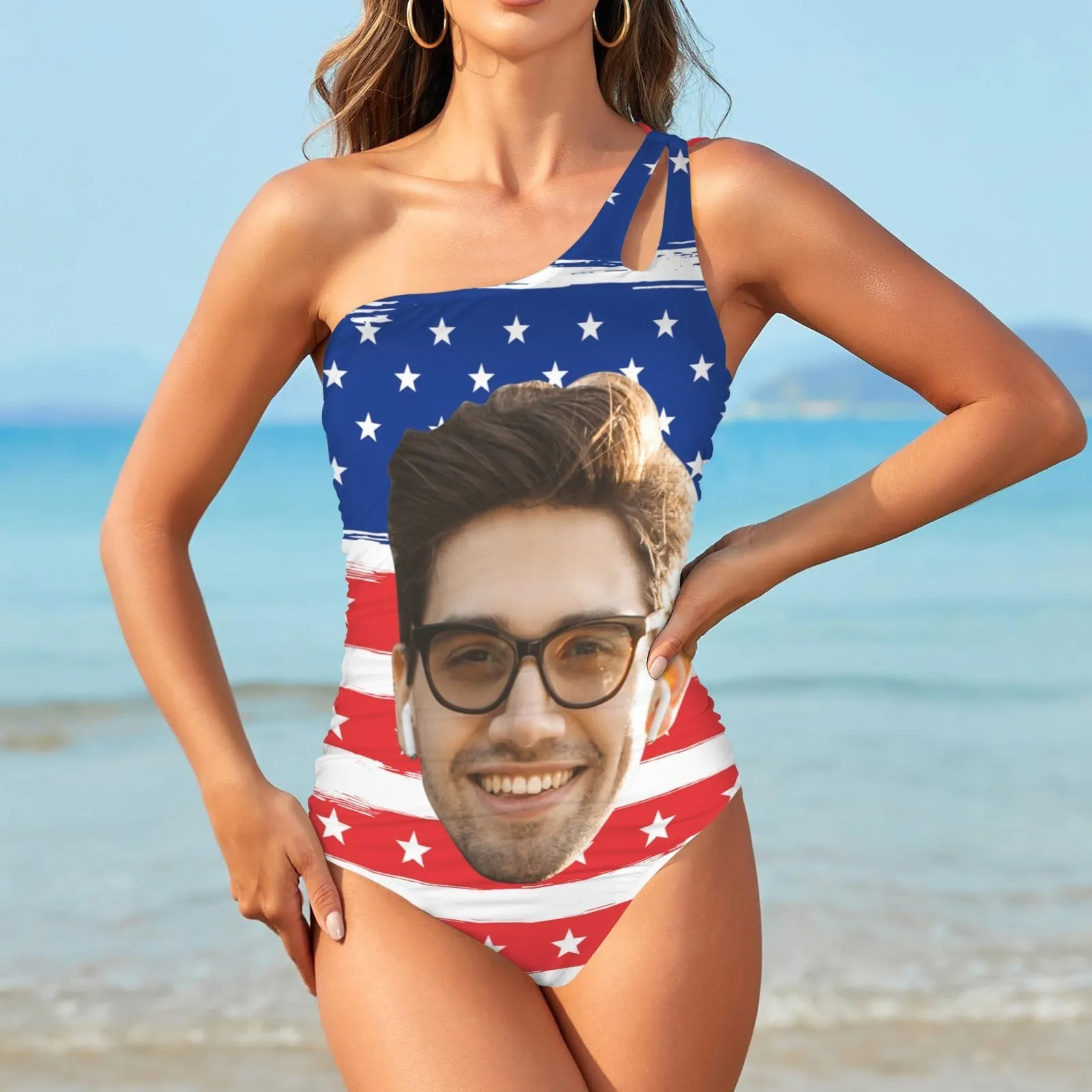 Custom Big Face USA Flag Style Women's One Shoulder Keyhole One Piece Swimsuit Custom Picture Bathing Suit