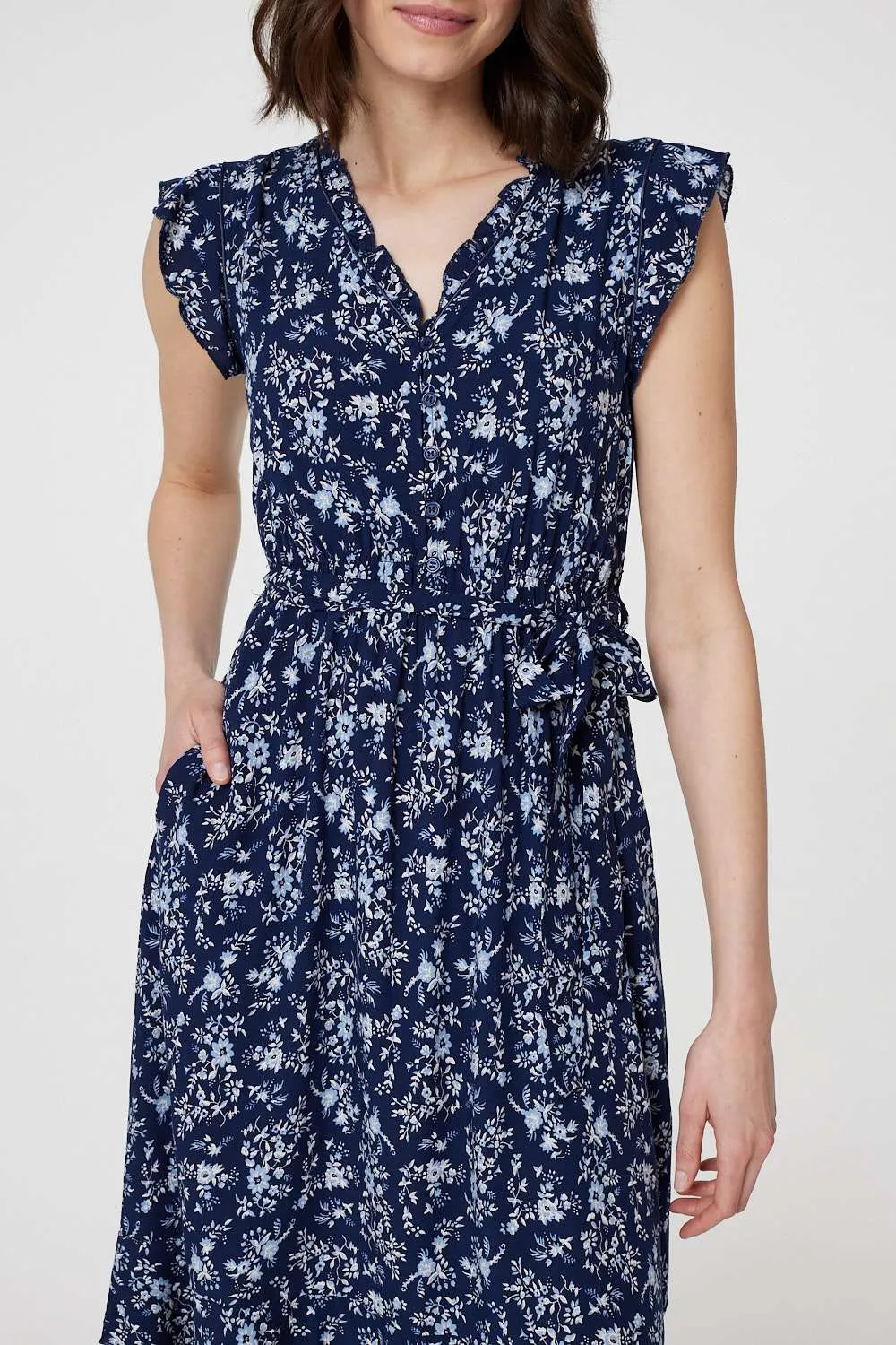 Ditsy Floral Tie-Waist Knee Length Dress