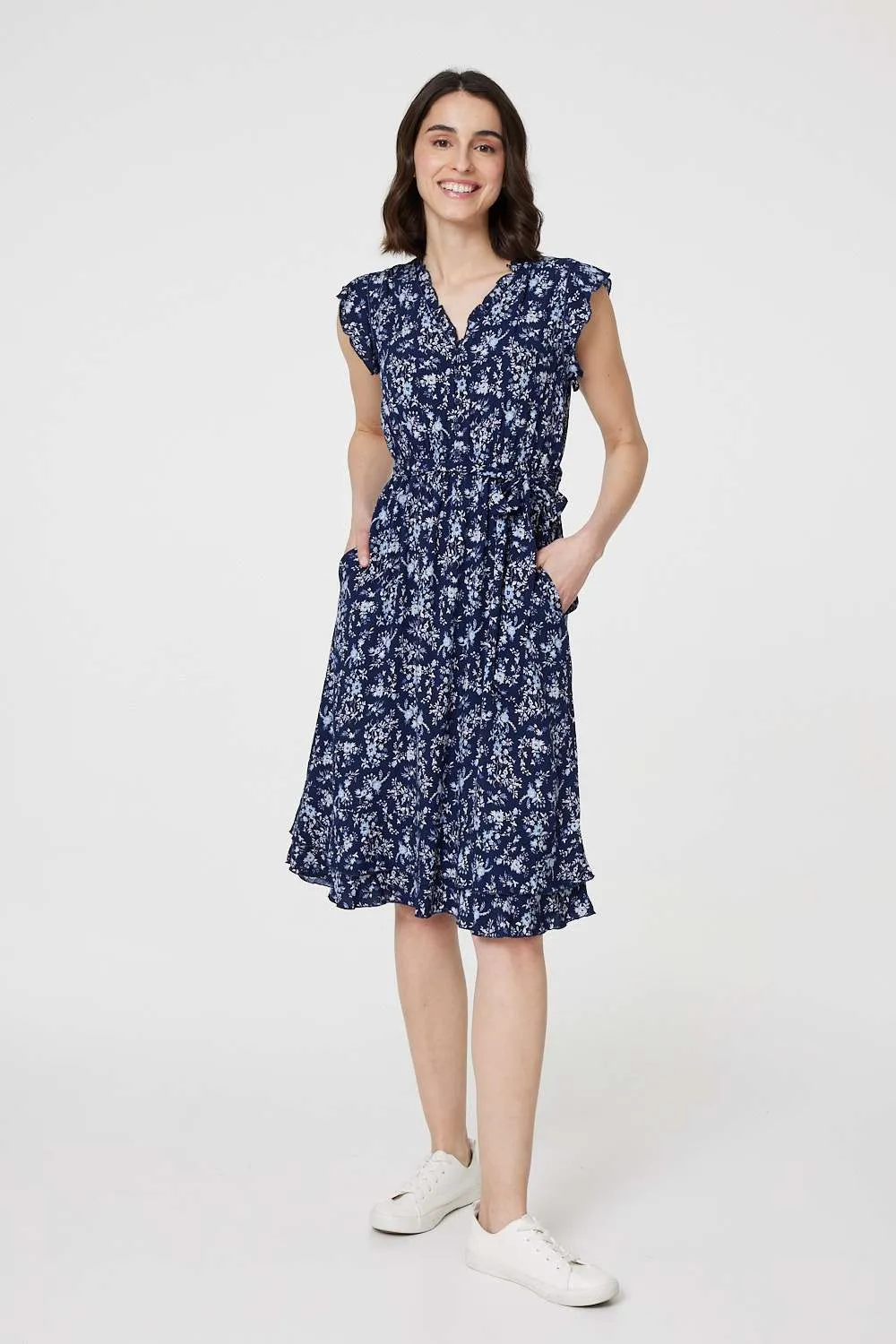 Ditsy Floral Tie-Waist Knee Length Dress