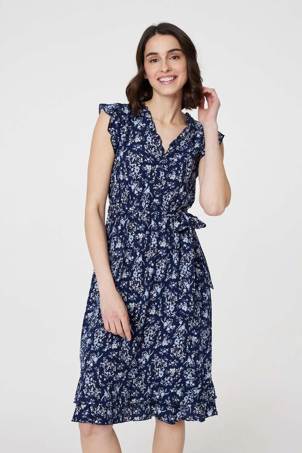 Ditsy Floral Tie-Waist Knee Length Dress