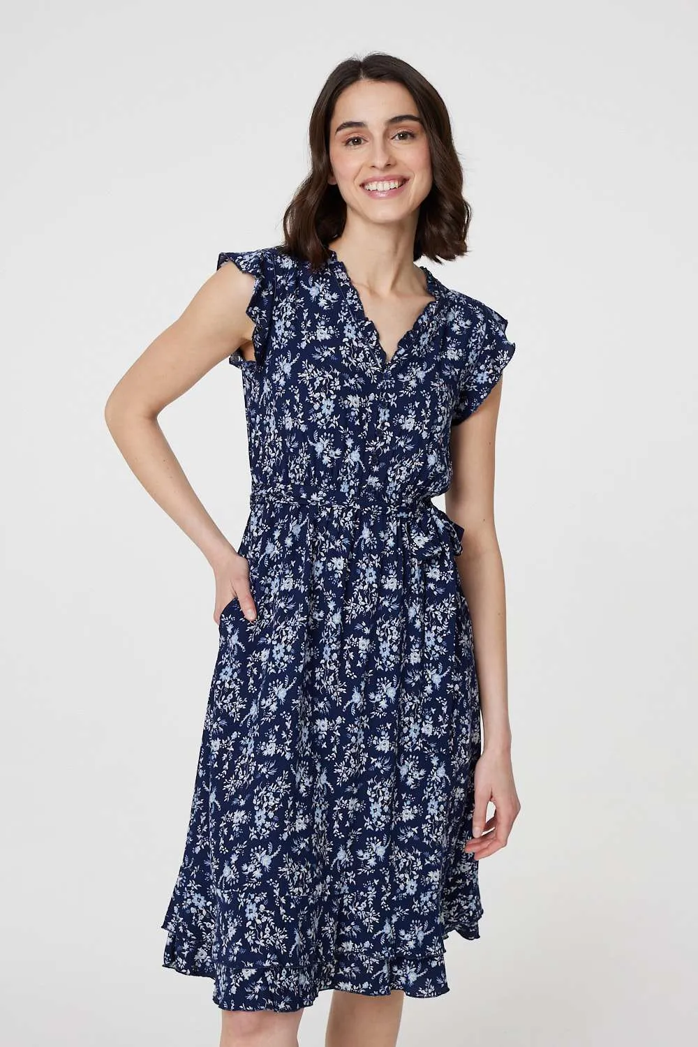 Ditsy Floral Tie-Waist Knee Length Dress