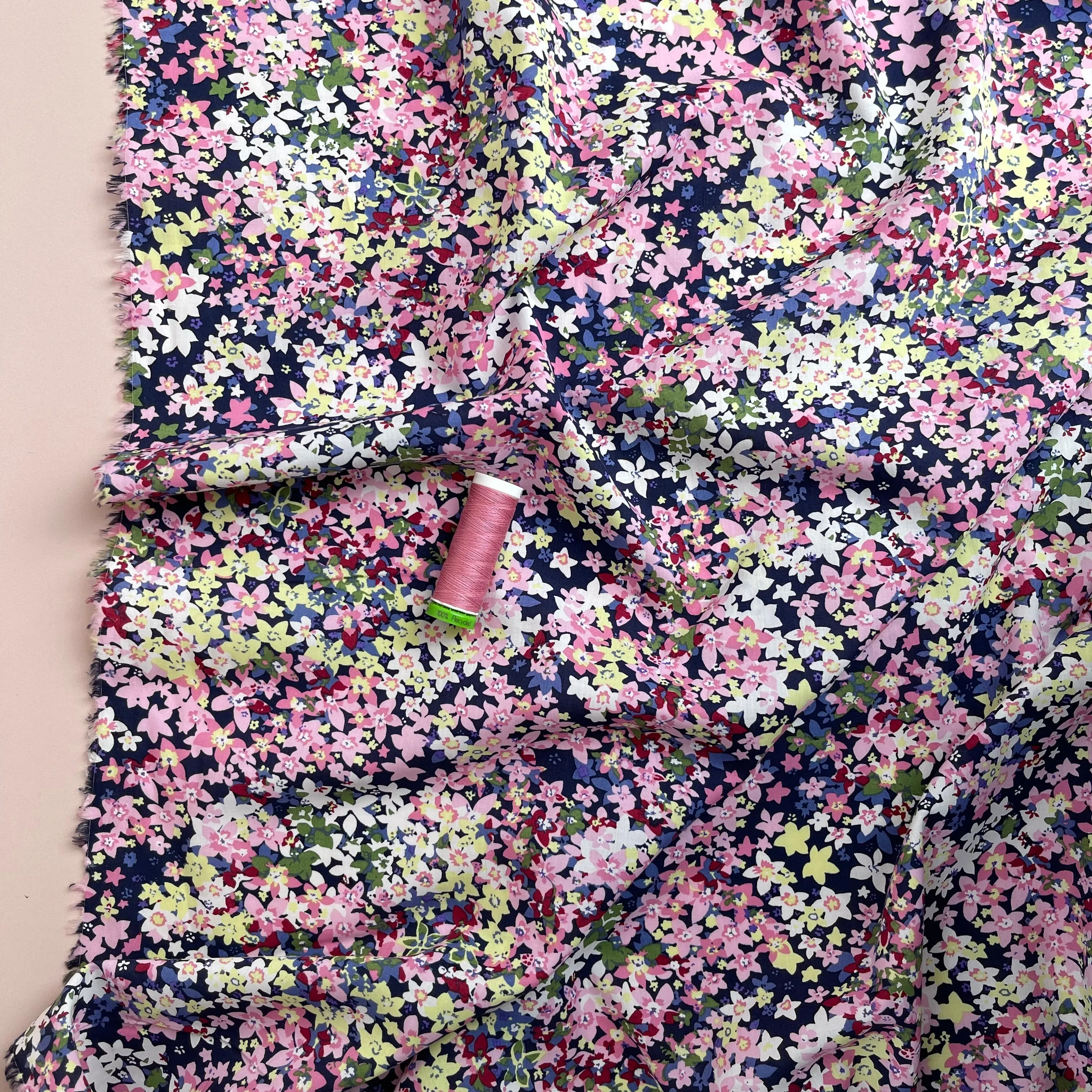 Ditsy Meadow Pink on Navy Cotton Lawn Fabric