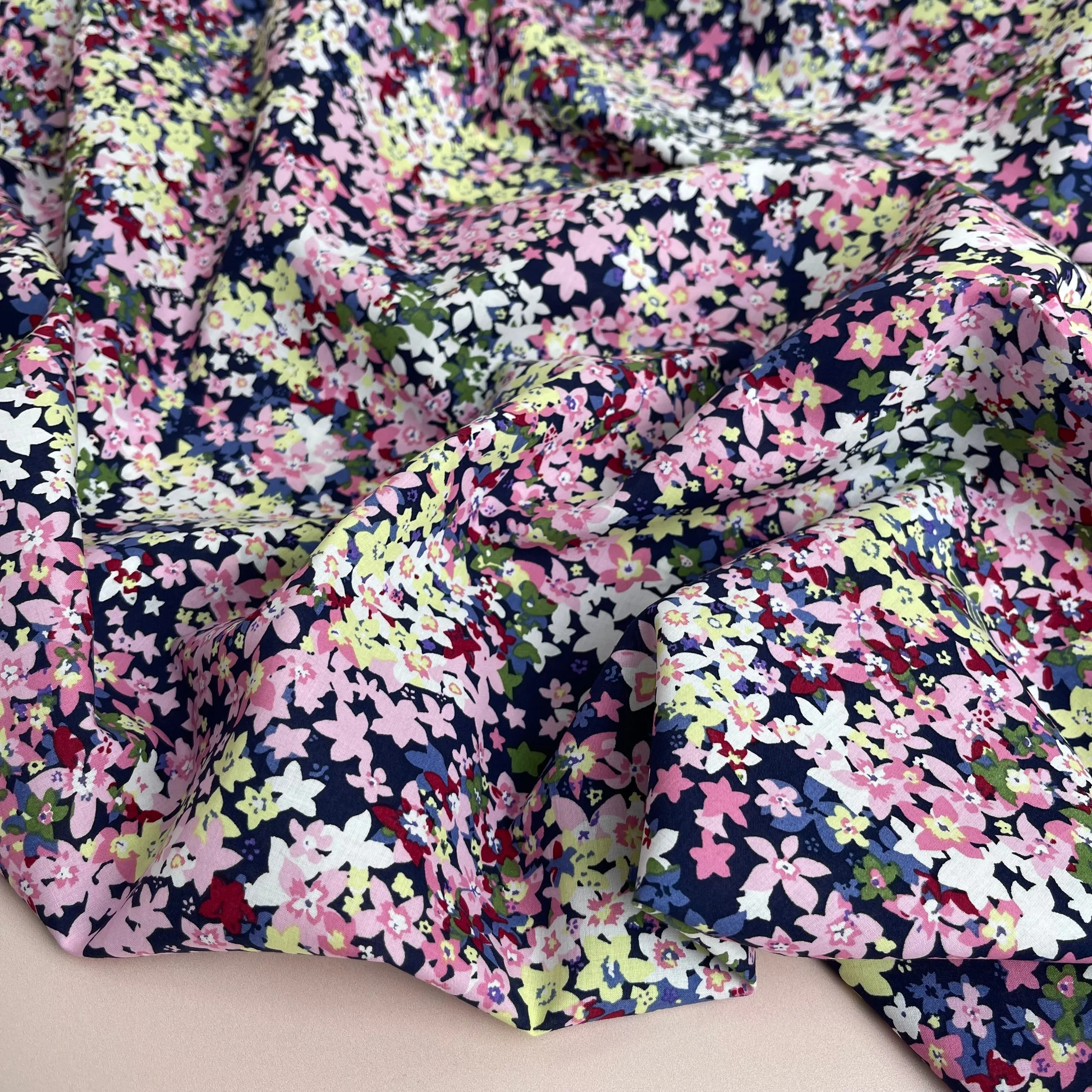 Ditsy Meadow Pink on Navy Cotton Lawn Fabric