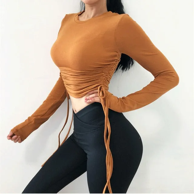 Drawstring Sport Top For Women Gym Skinny Quick Dry Athletic Fitness Clothing Long Sleeve Sports T-Shirts Army Green Yoga Shirts