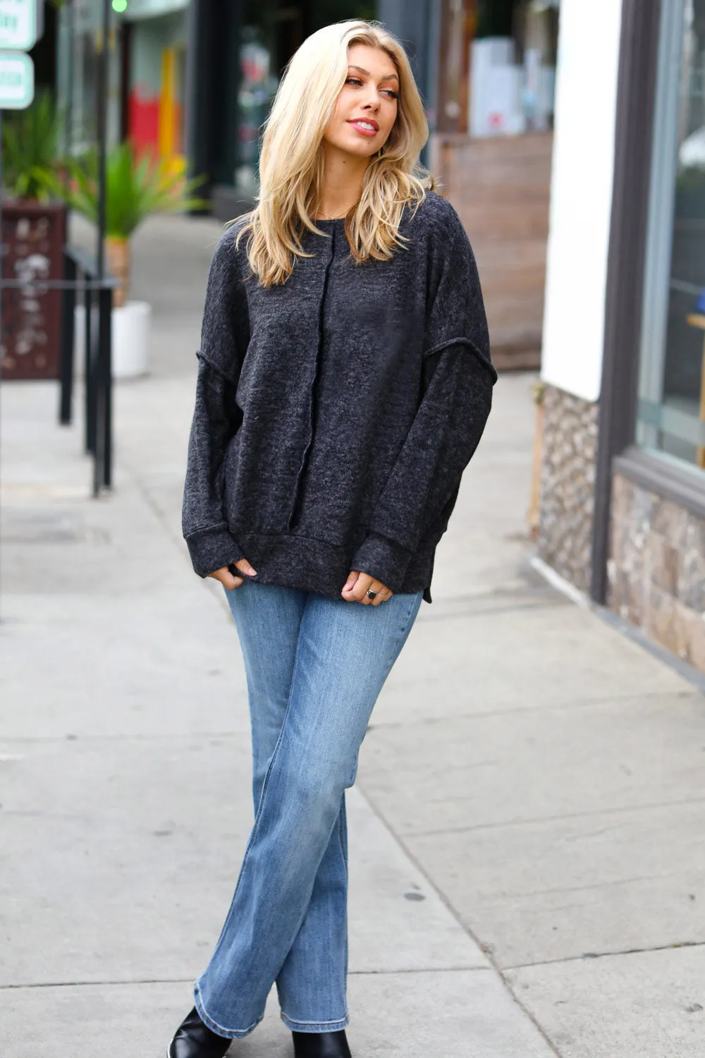 Dreamy & Cozy Charcoal Exposed Seam Melange Sweater (Open Pack)