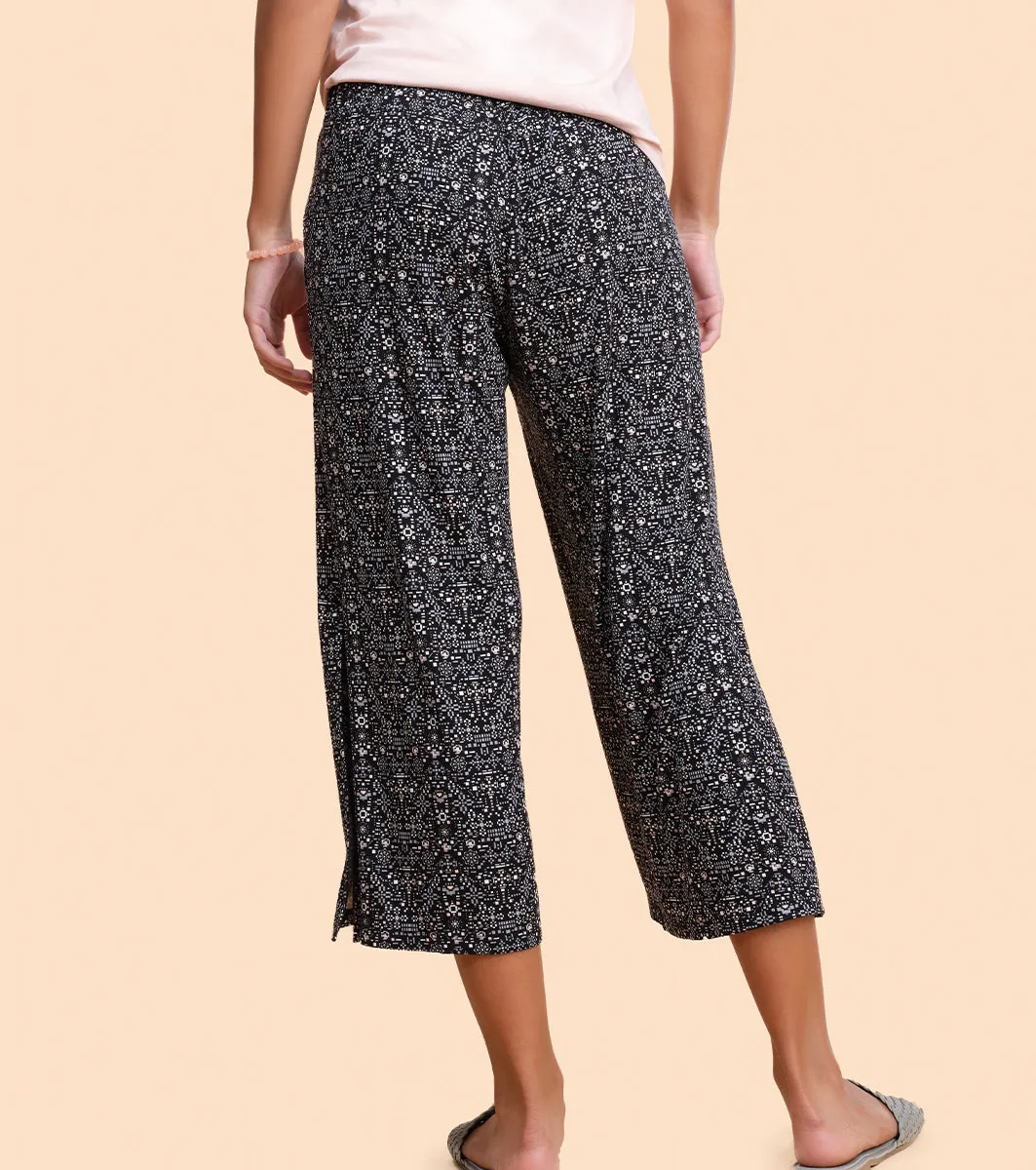 Enamor Culotte Pants For Women | Crop Length Culottes With Smart Side Slits | Black Pixie Aop