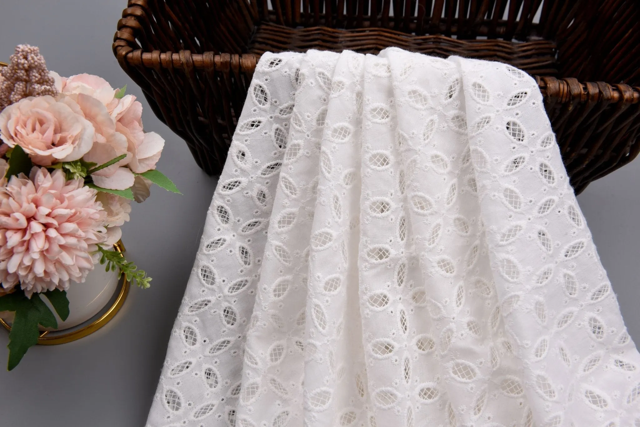 Eyelet Embroidery Natural and White Fabric - S1004