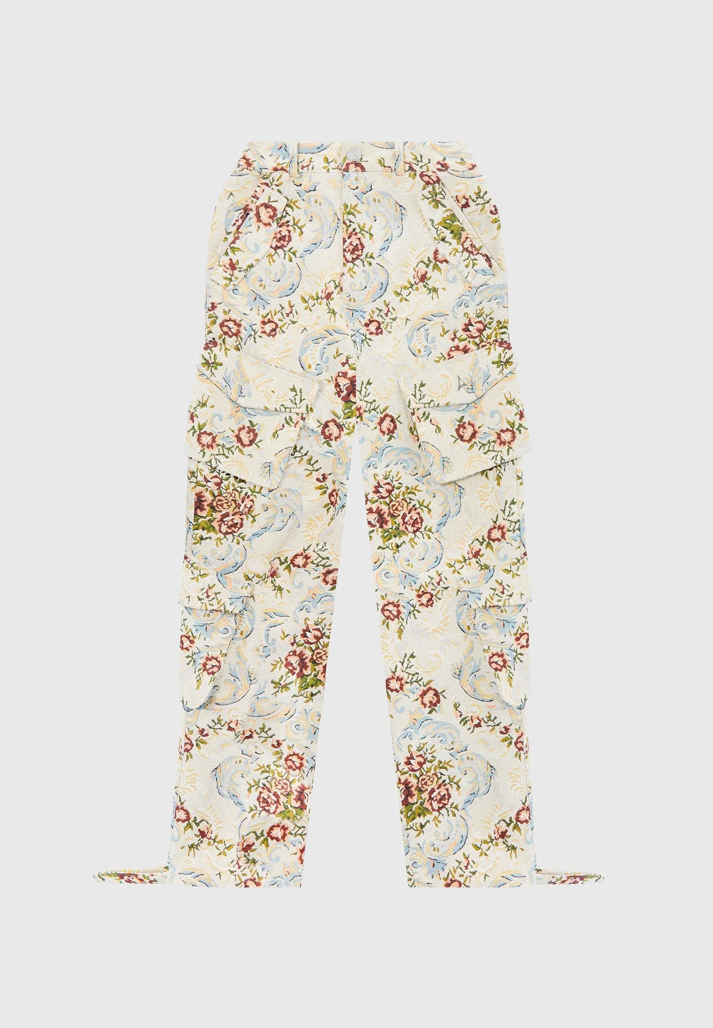 Floral Jacquard High Waisted Cargo Pants - Beige