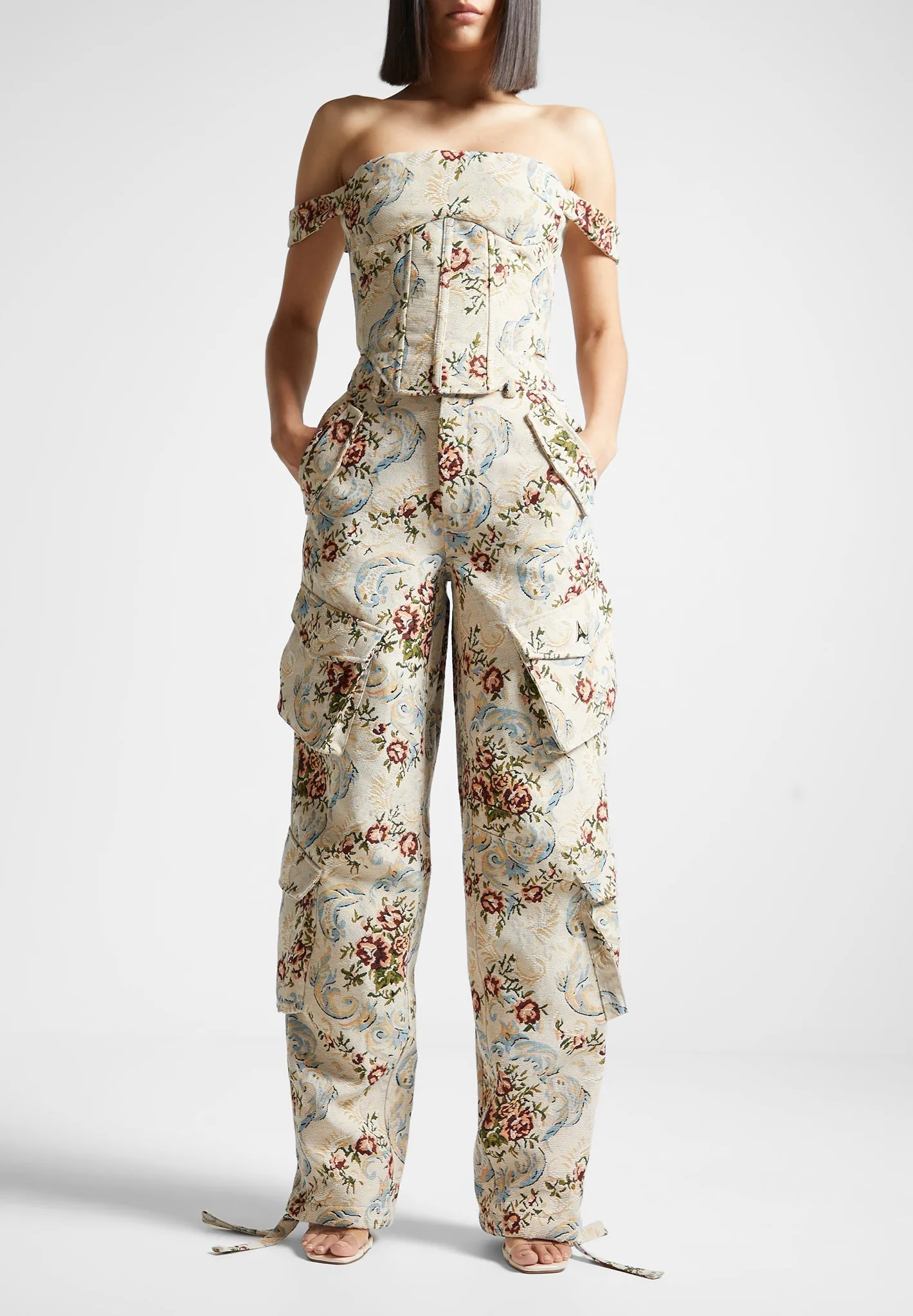 Floral Jacquard High Waisted Cargo Pants - Beige