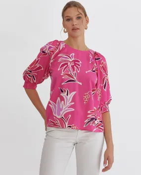 Floral Print Round Neck 3/4 Sleeve Top