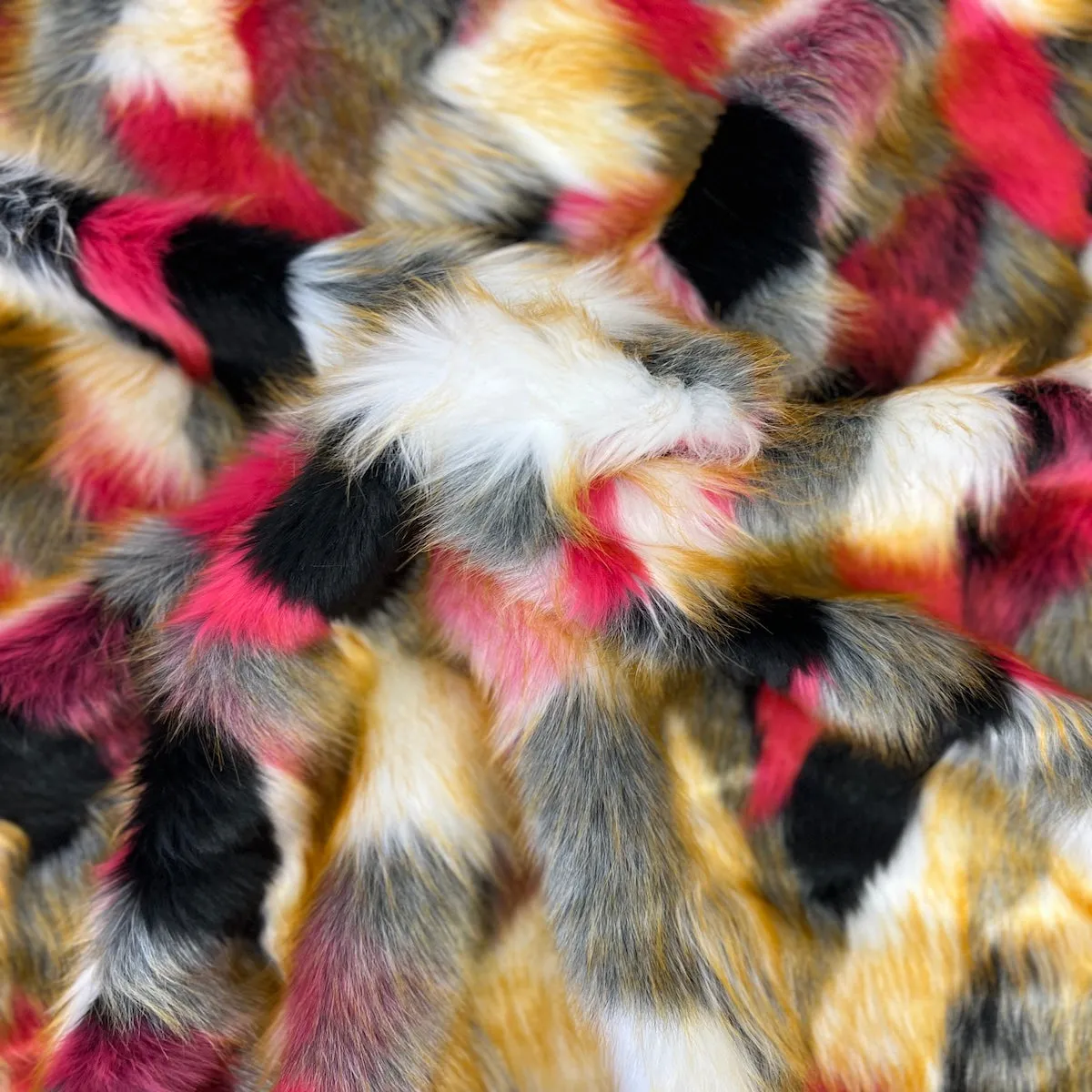 Fuchsia | Gray | White | Black Multicolor Patchwork Faux Fur Fabric