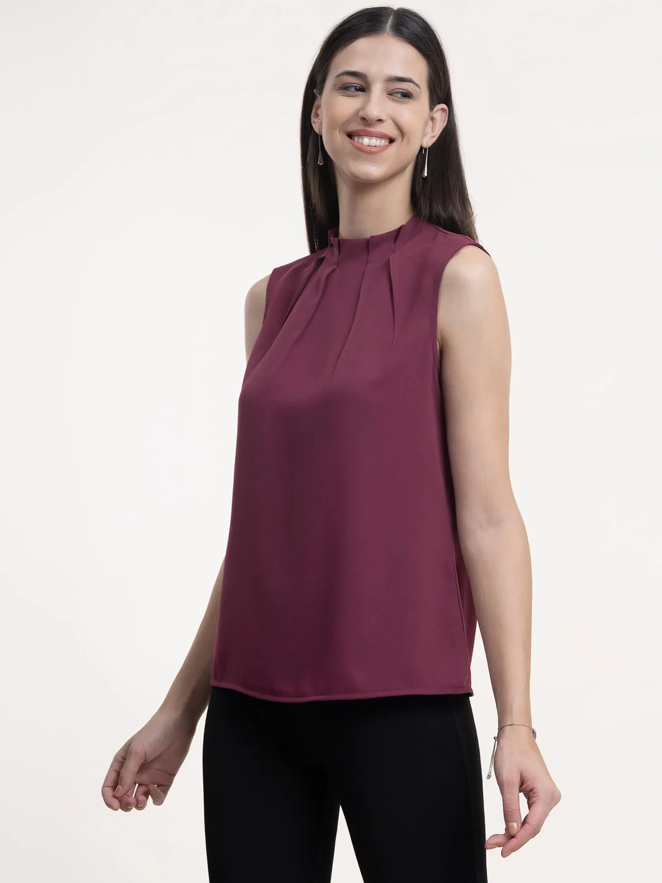 Georgette High Neck Top - Wine