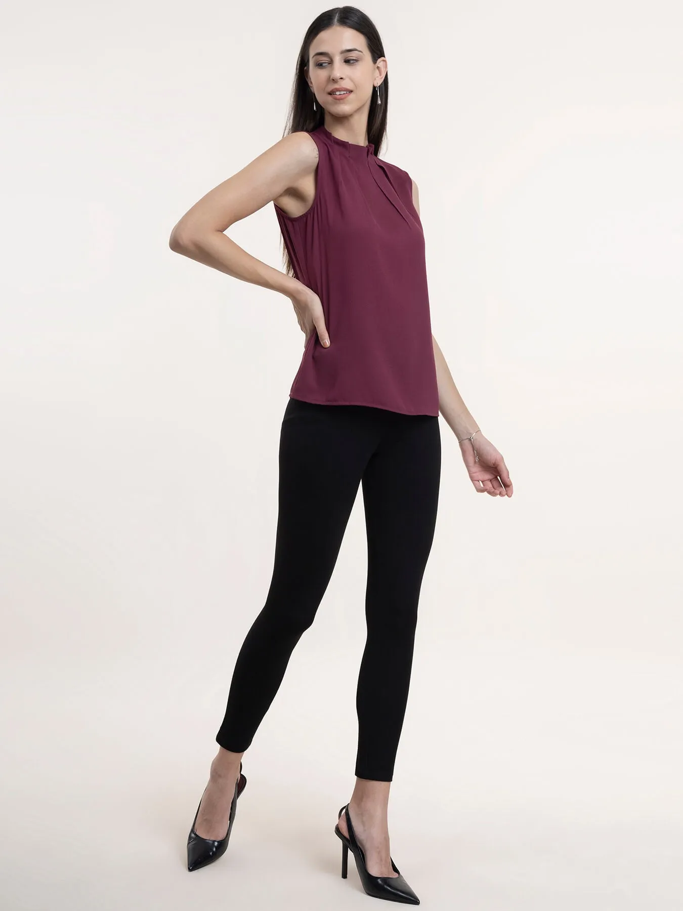 Georgette High Neck Top - Wine