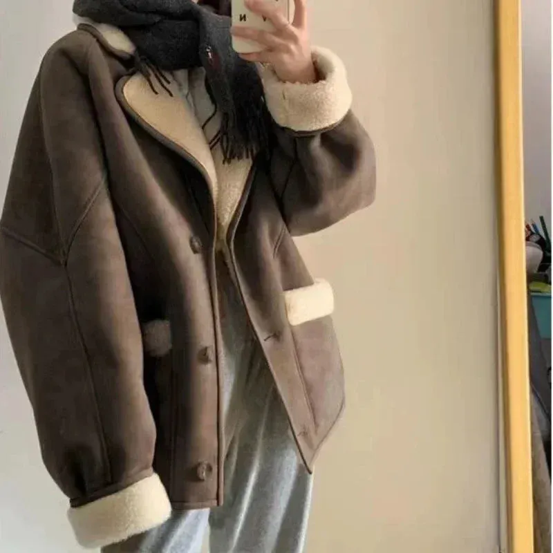 Getadme Fashion Lamb Wool Leather Jacket for Women Elegant Lapel Thicken Warm Overcoat New Chic Suede Short Coat Lambskin Outwear