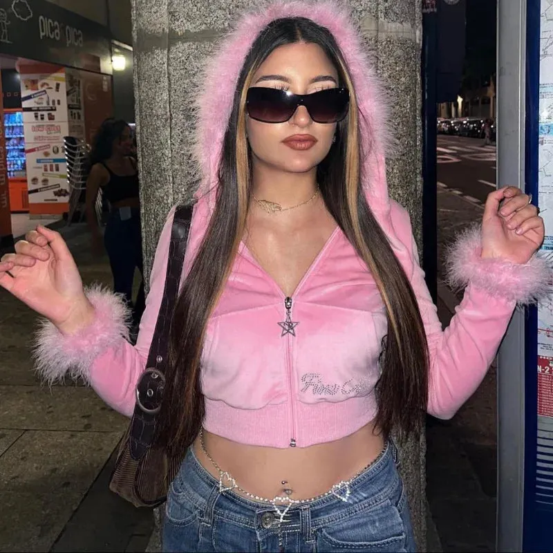 Getadme Faux Fur Hooded Jackets Women Pink Star Zippers Sweatshirts Y2k Streetwear Fashion Diamond Patchwork Fur Jacket New Crop Tops