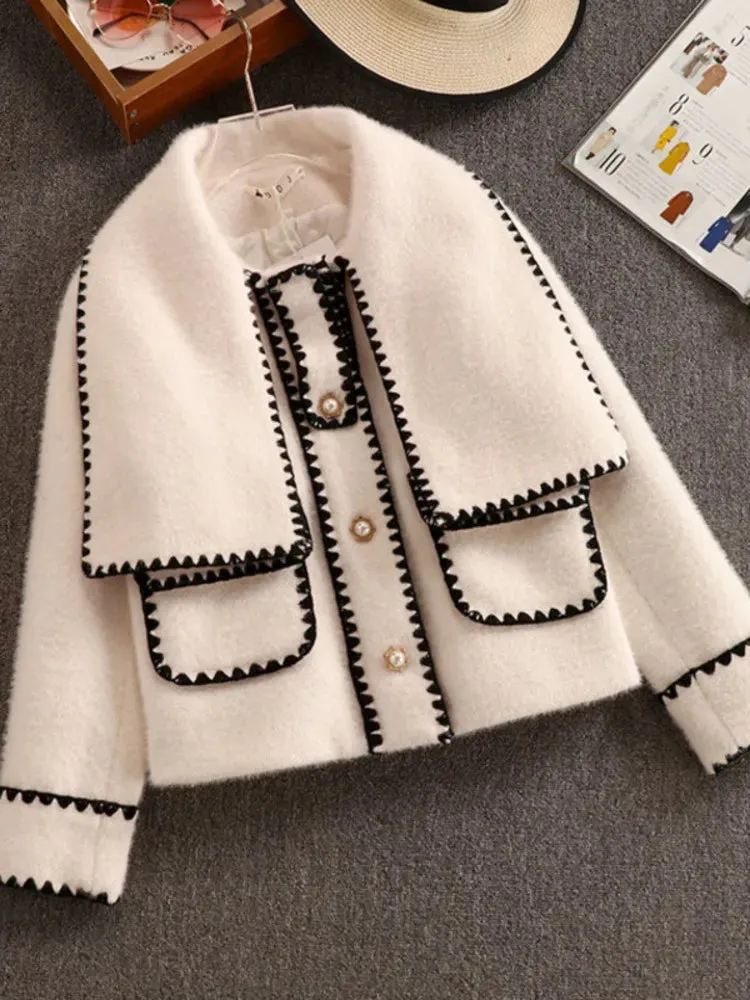 Getadme High Quality Women White Bow Mink Jacket Coat For Female Slim Patchwork Pocket Outerwear Ladies Wool Short Coat Winter Clothes