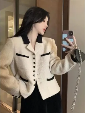 Getadme Korean Fashion Suit Jacket Women Autumn New Single Breasted Cropped Tweed Coat Vintage Patchwork Short Chaquetas Para Mujer