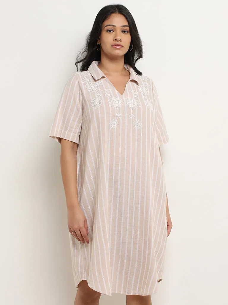 Gia Beige Striped Design Blended Linen Shirt Dress