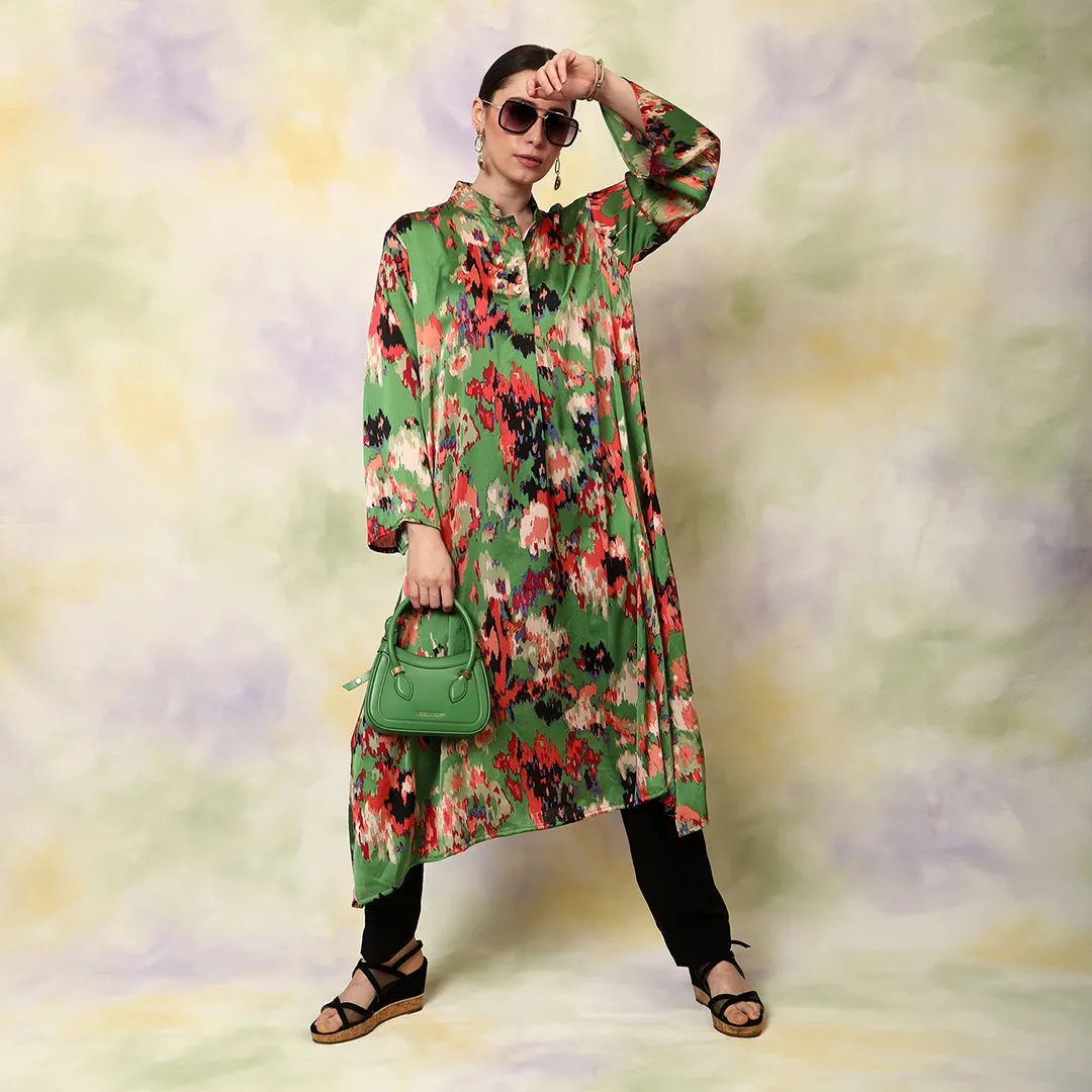 Green Flowly Kurta With V Neck Collar