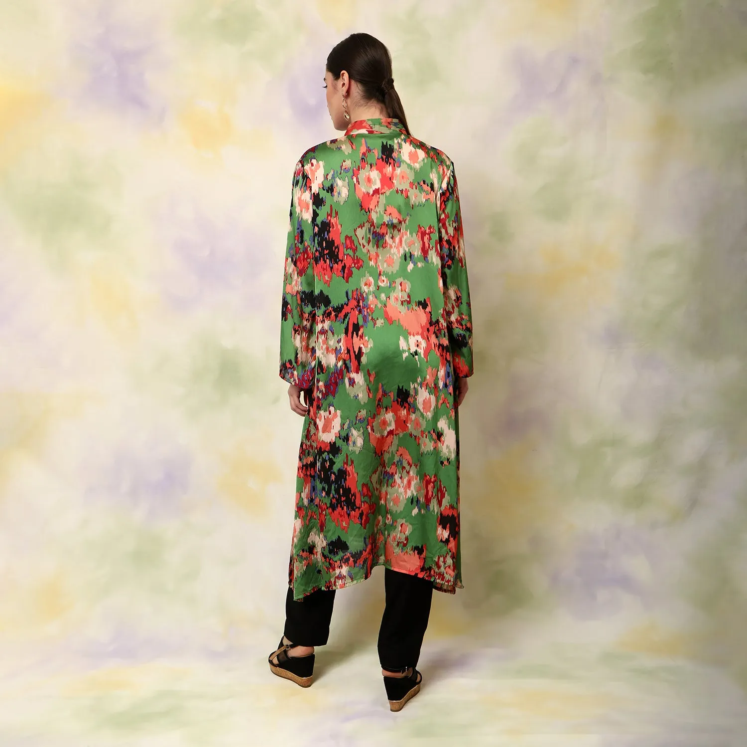 Green Flowly Kurta With V Neck Collar