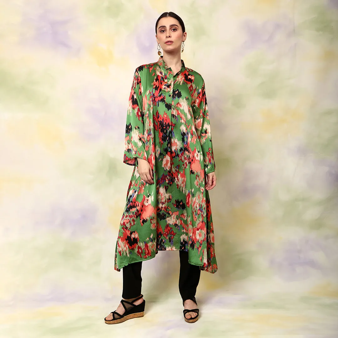 Green Flowly Kurta With V Neck Collar