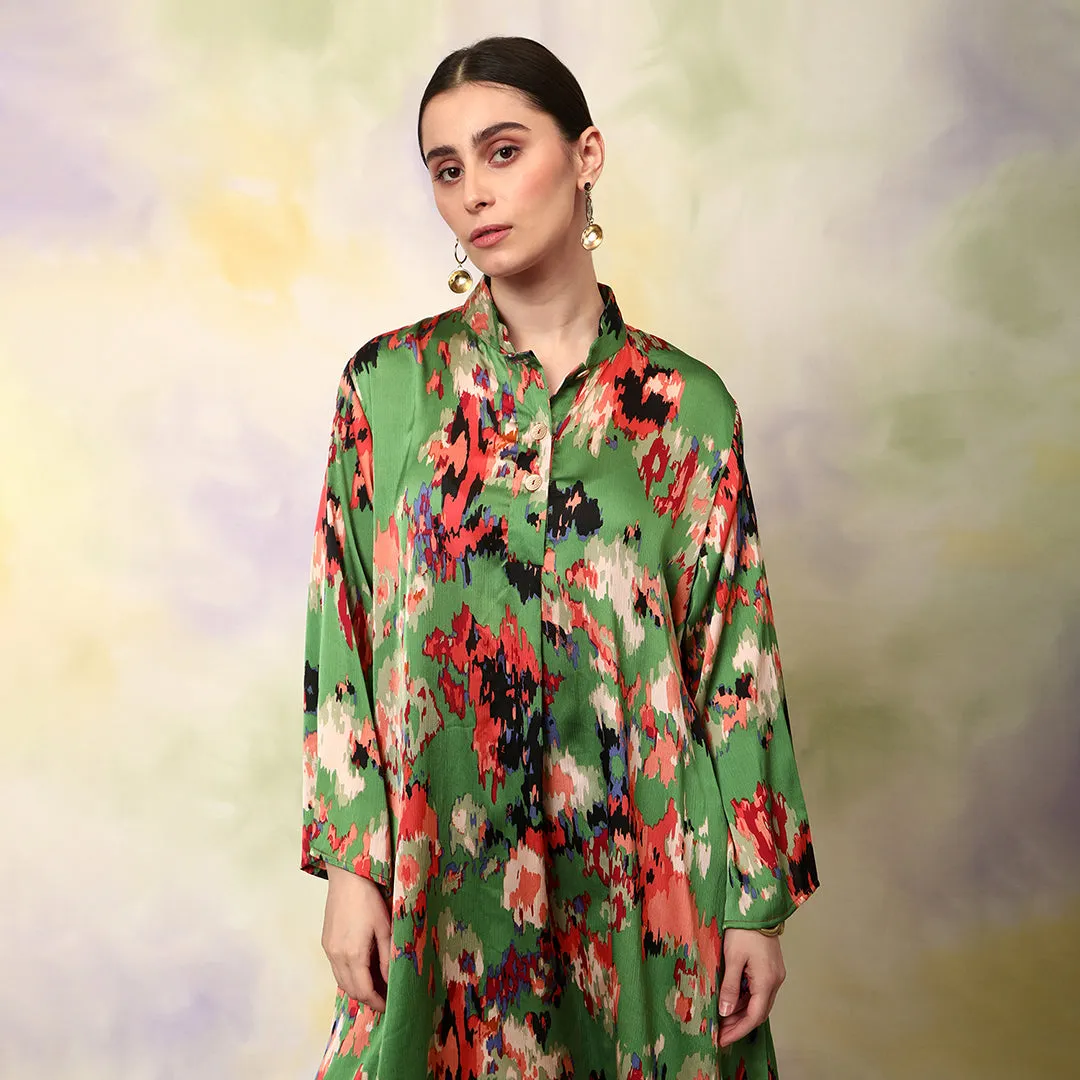 Green Flowly Kurta With V Neck Collar