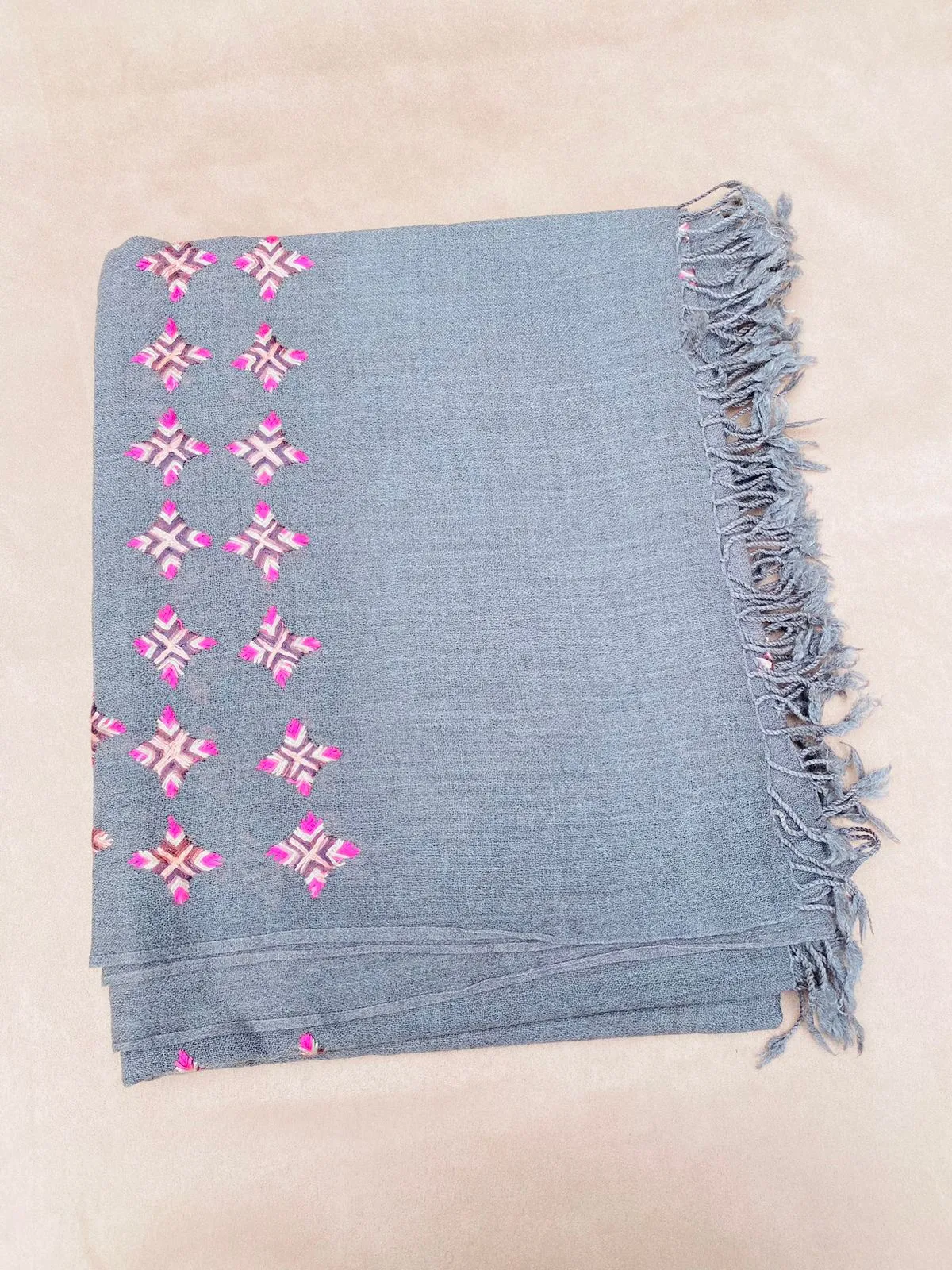 Hand-Woven Wool Shawl with Colorful Embroidery