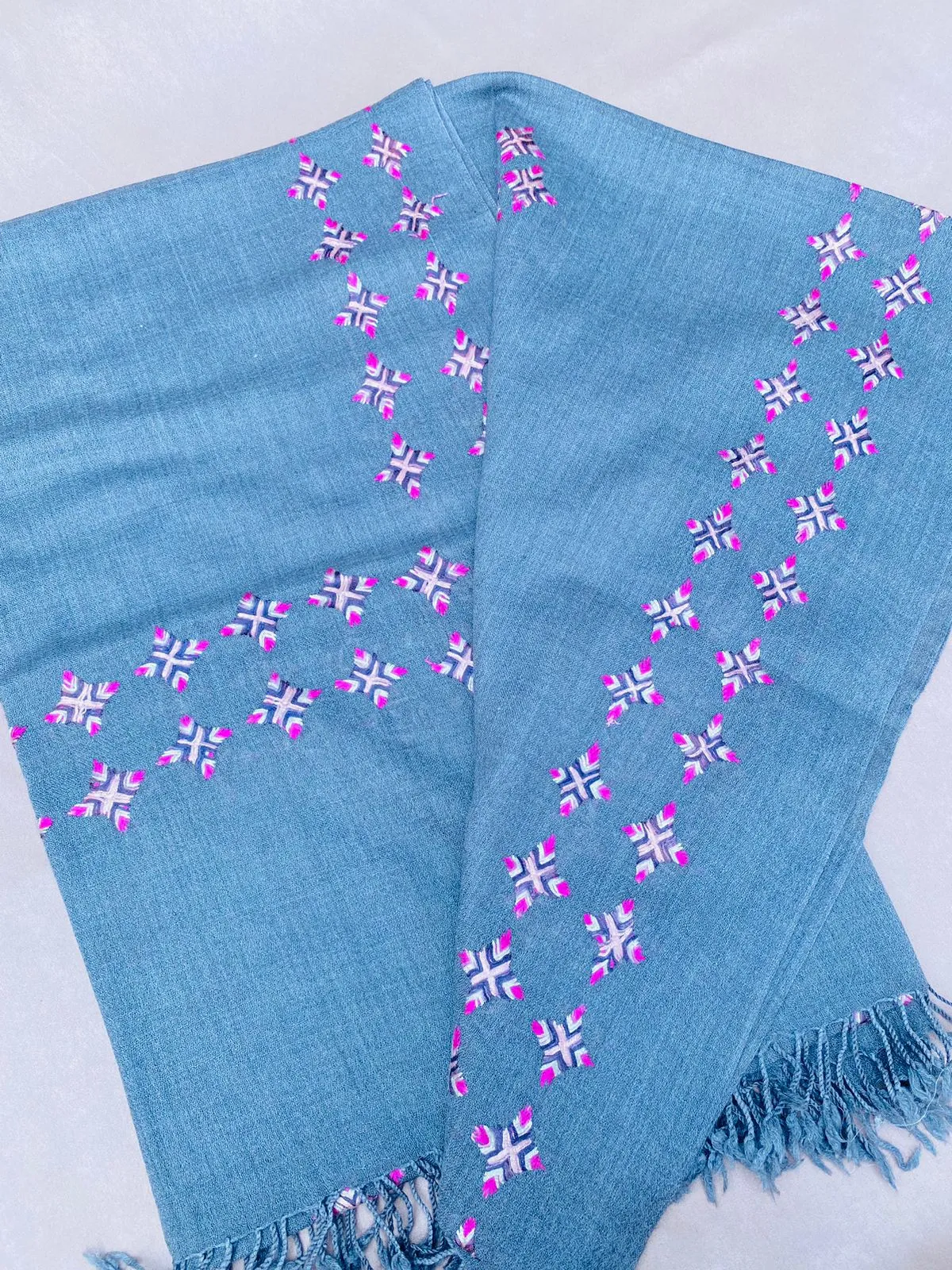 Hand-Woven Wool Shawl with Colorful Embroidery