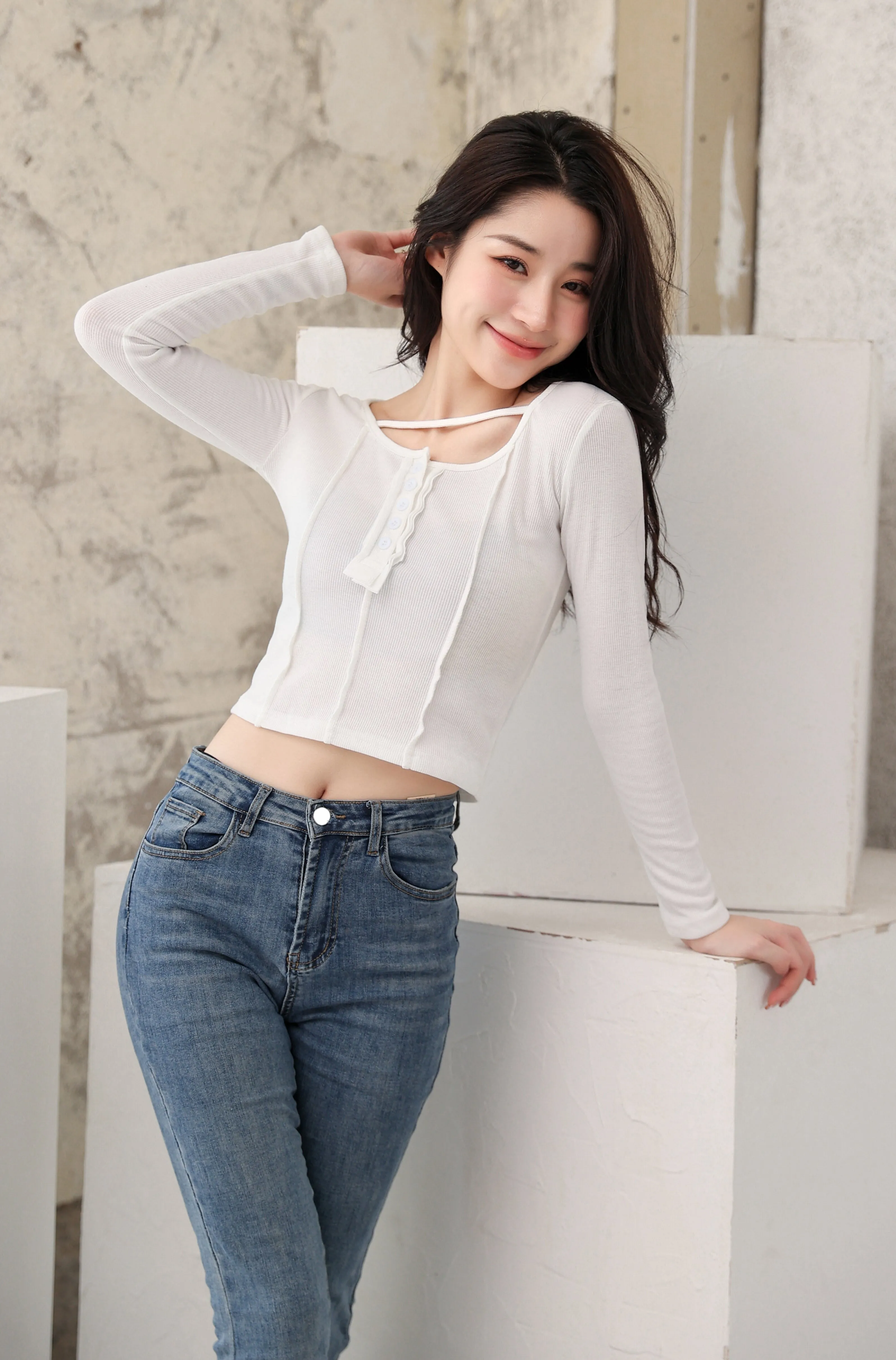 Henley Strap-Neck Patchwork Long Sleeve Crop Top