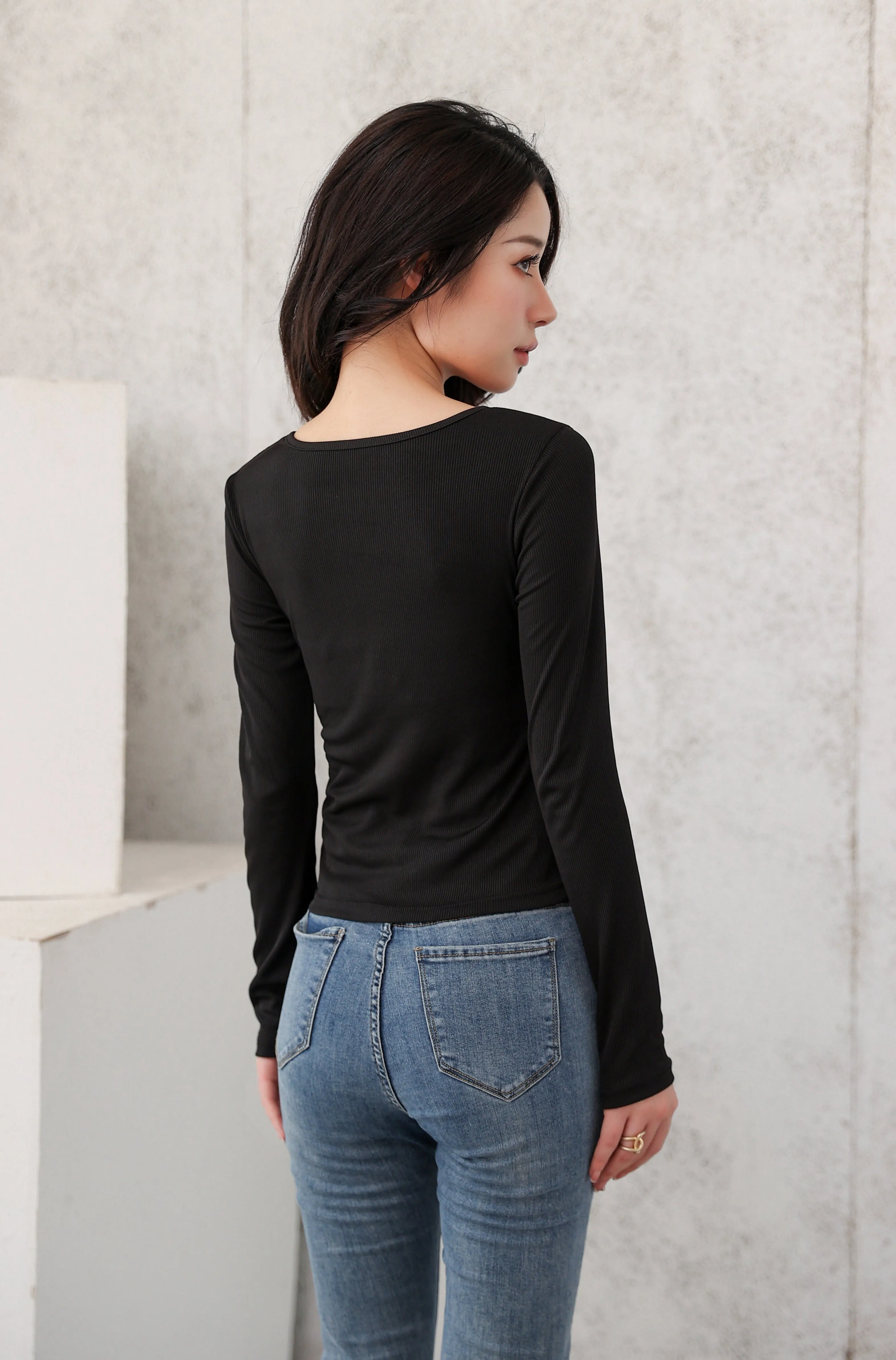 Henley Strap-Neck Patchwork Long Sleeve Crop Top