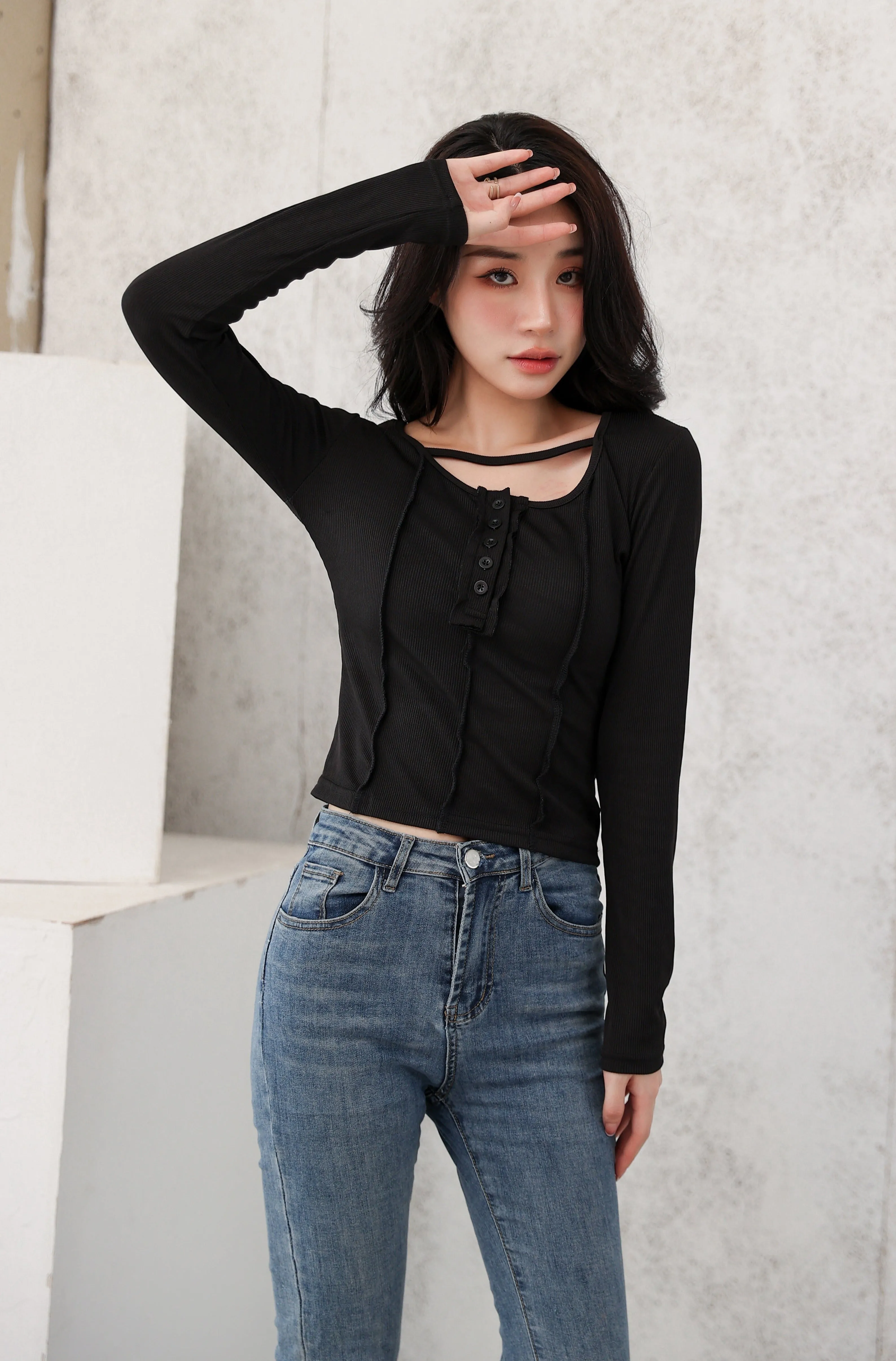 Henley Strap-Neck Patchwork Long Sleeve Crop Top