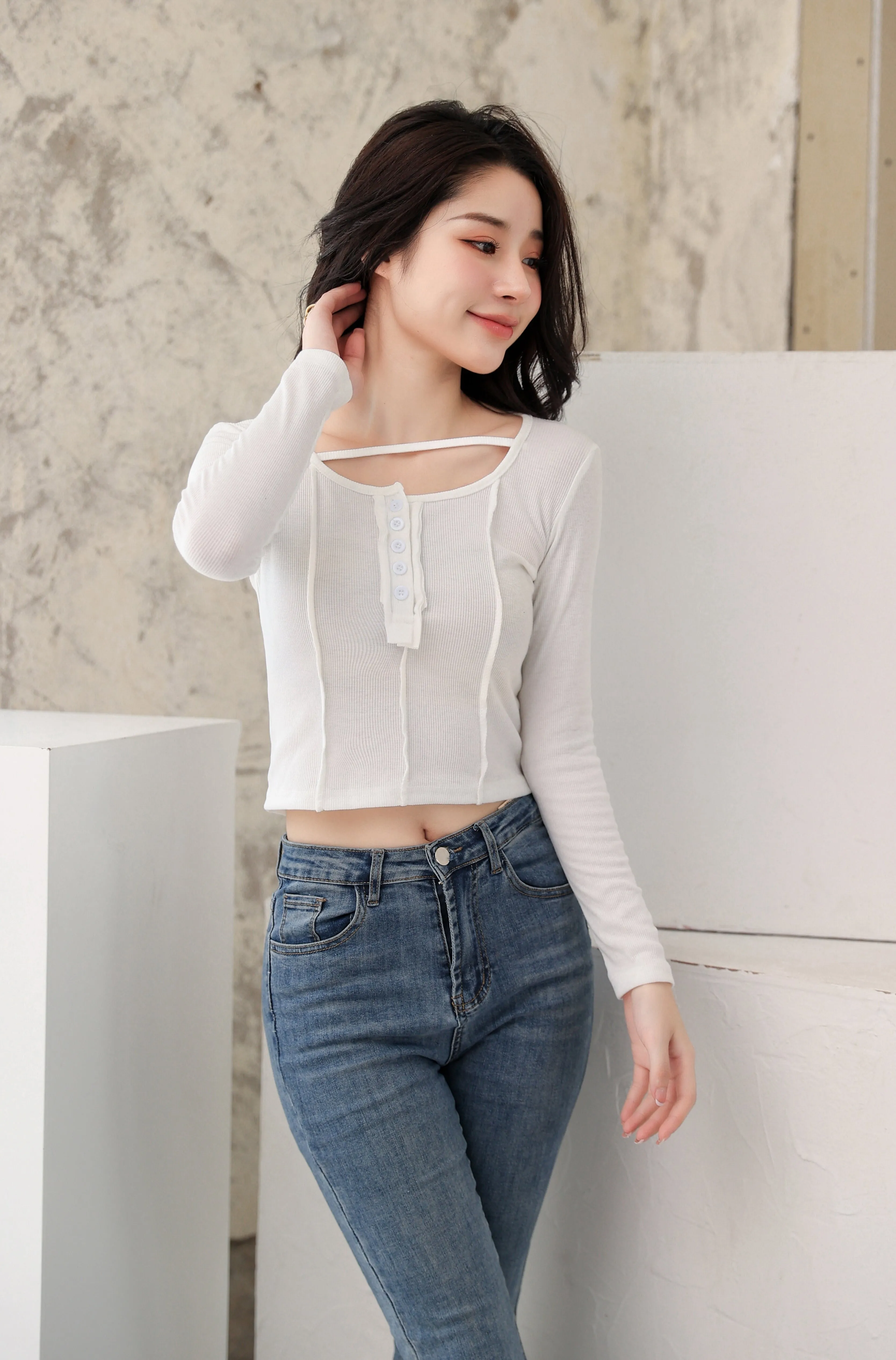 Henley Strap-Neck Patchwork Long Sleeve Crop Top