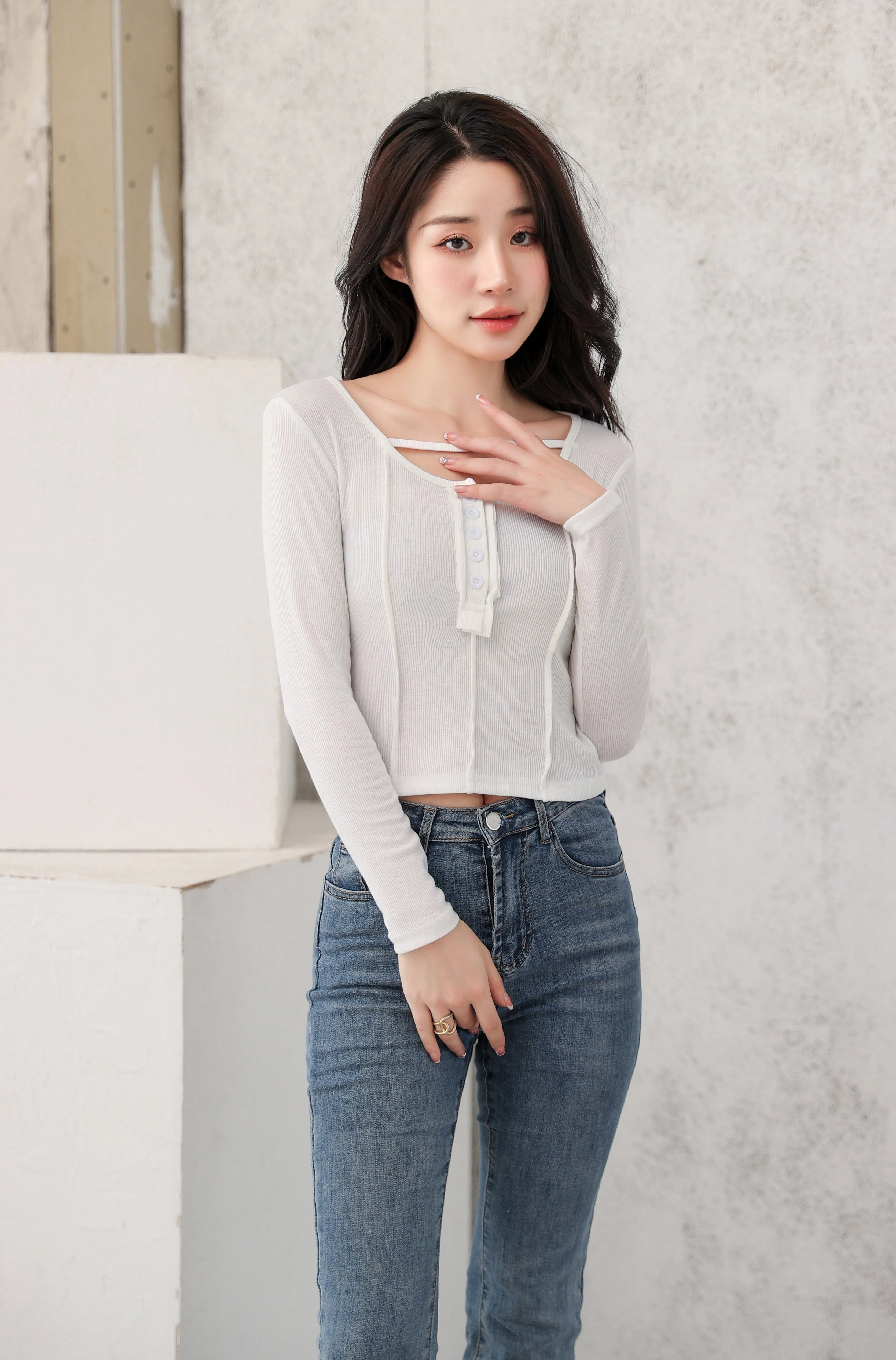 Henley Strap-Neck Patchwork Long Sleeve Crop Top