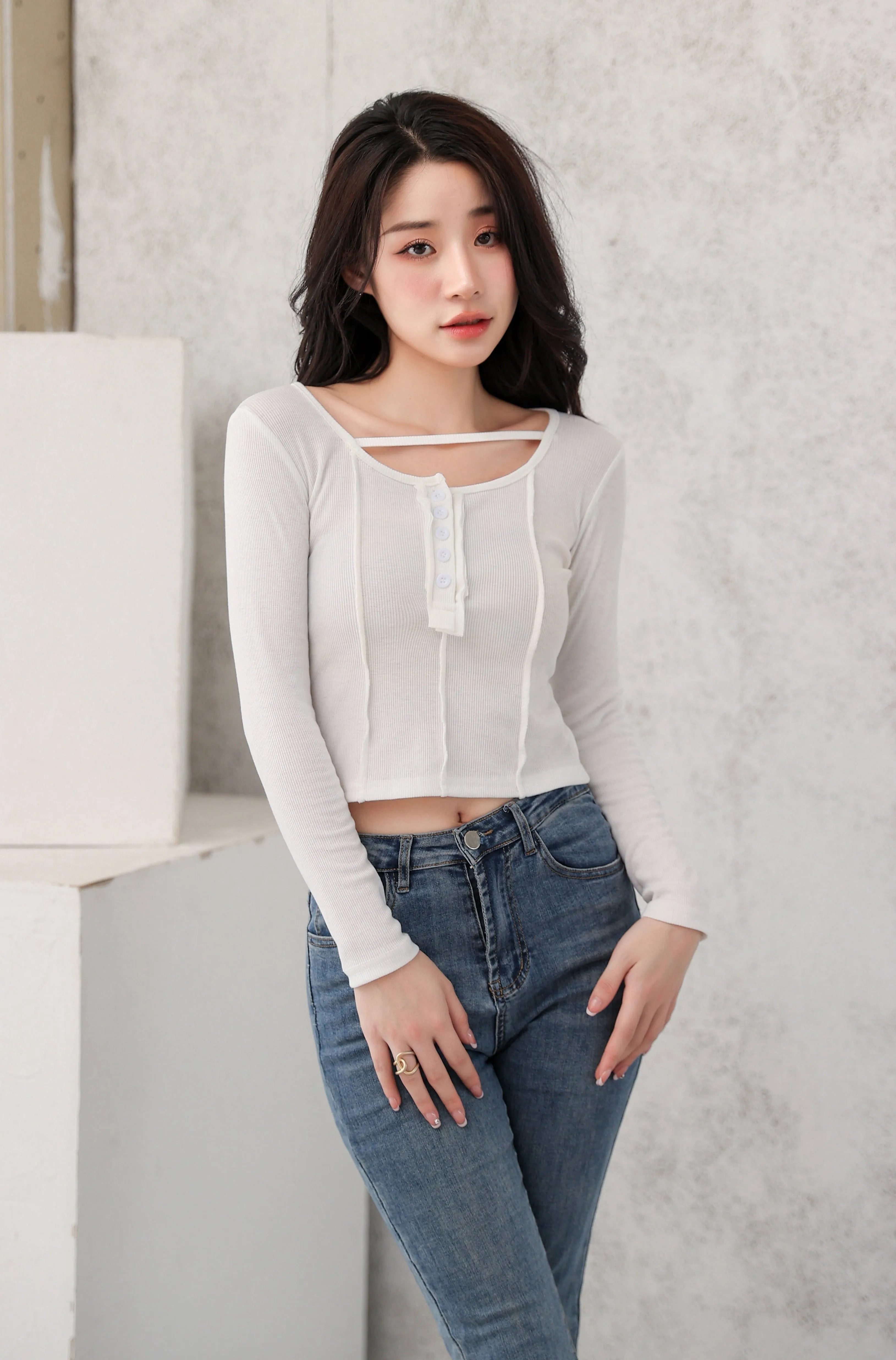 Henley Strap-Neck Patchwork Long Sleeve Crop Top