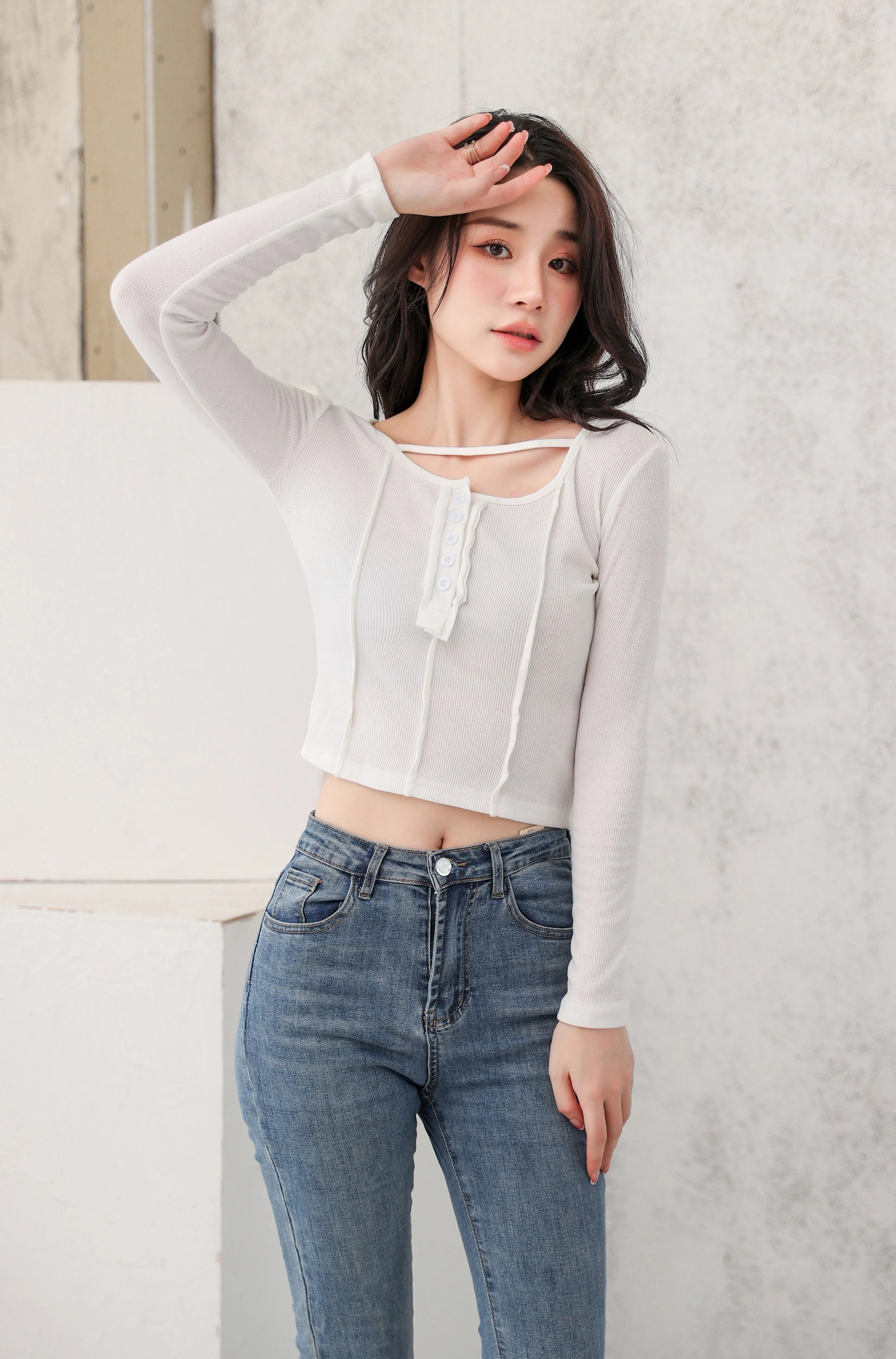 Henley Strap-Neck Patchwork Long Sleeve Crop Top